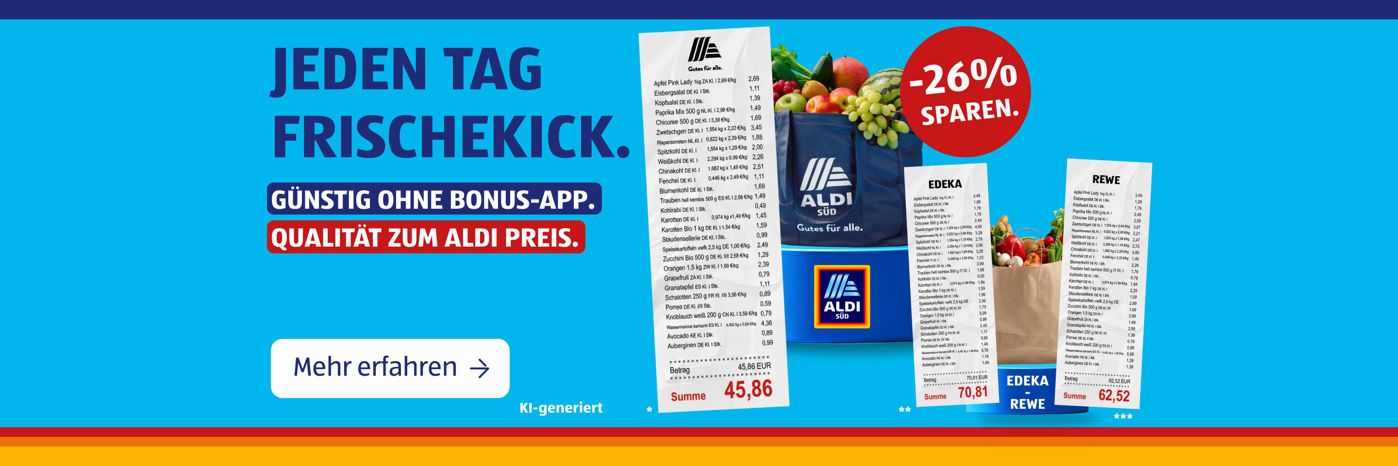 KI-generiert Werbebanner zum Preisvergleich und Sparen bei ALDI-Lebensmitteln.