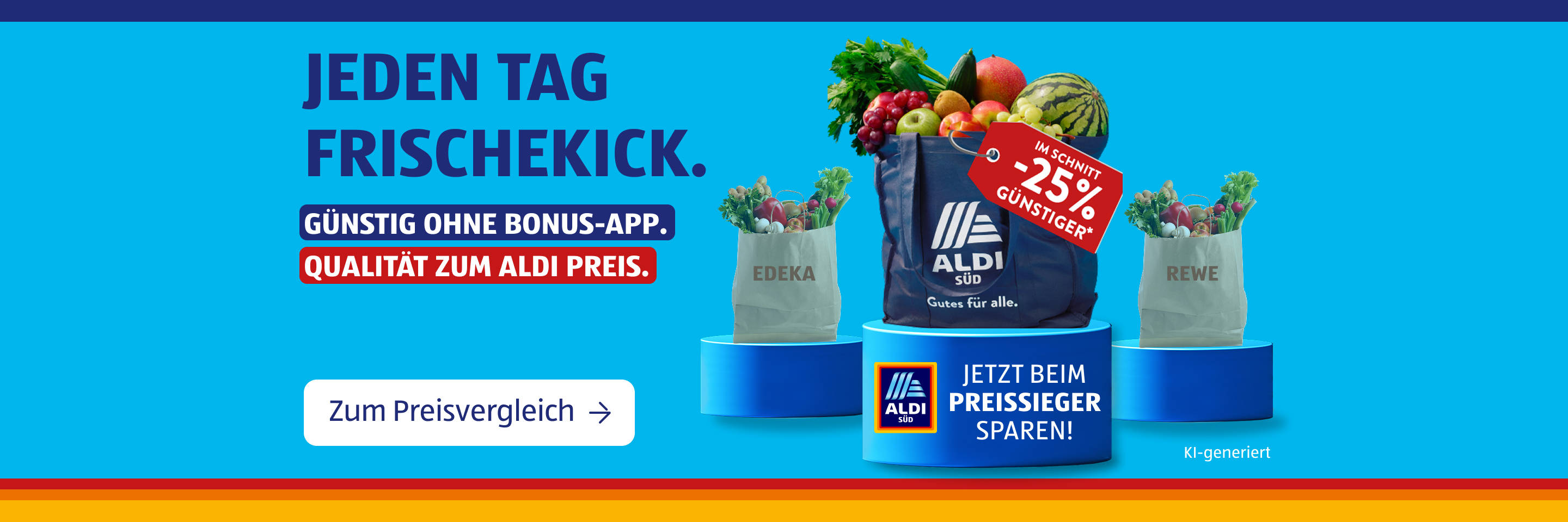 KI-generiert Werbebanner zum Preisvergleich und Sparen bei ALDI-Lebensmitteln.