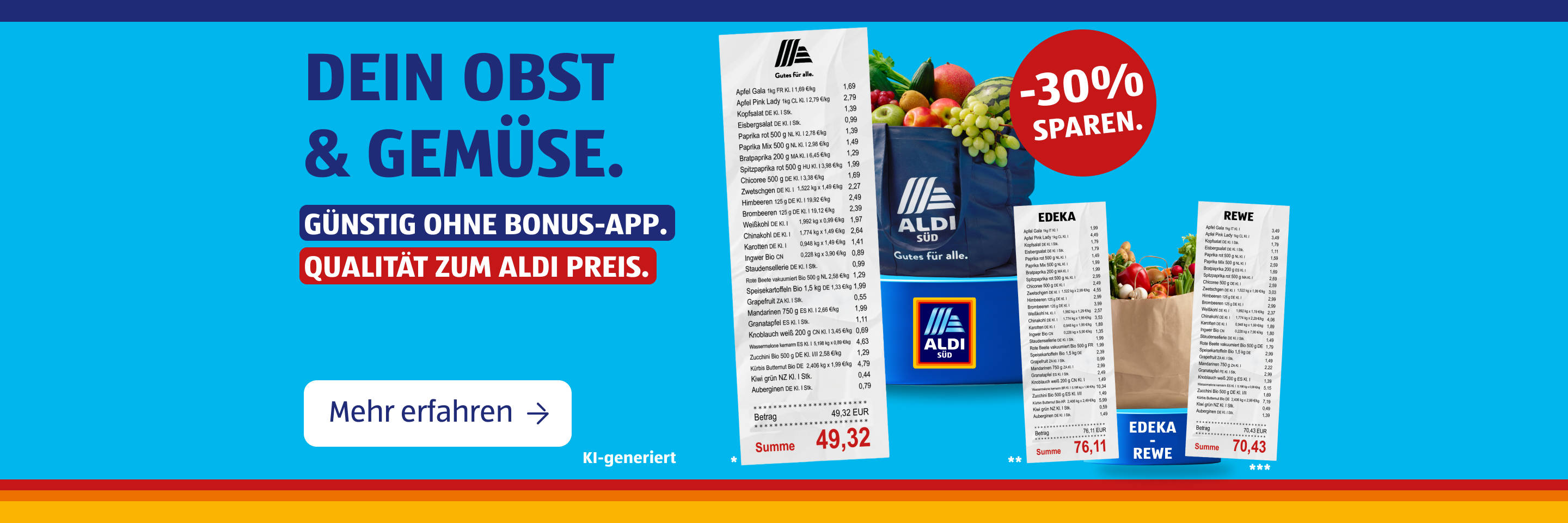 KI-generiert Werbebanner zum Preisvergleich und Sparen bei ALDI-Lebensmitteln.