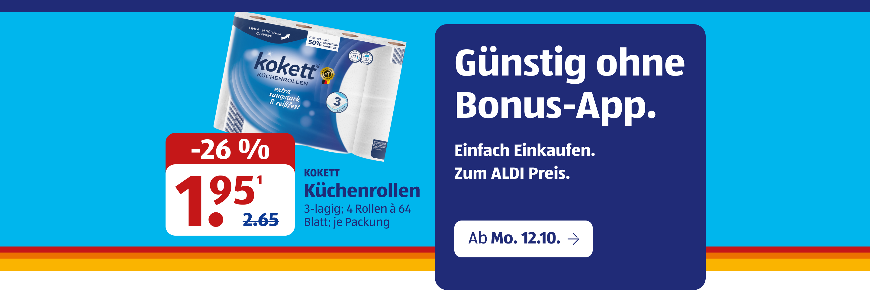 ALDI Teaser mit Kokett Küchenrollen, Preisaktion und Hinweis auf Einkauf ohne Bonus-App.