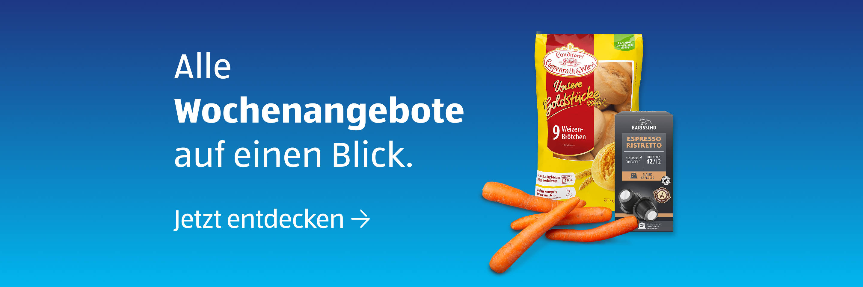 Wöchentliche Angebotsanzeige mit Lebensmitteln und Karotten.