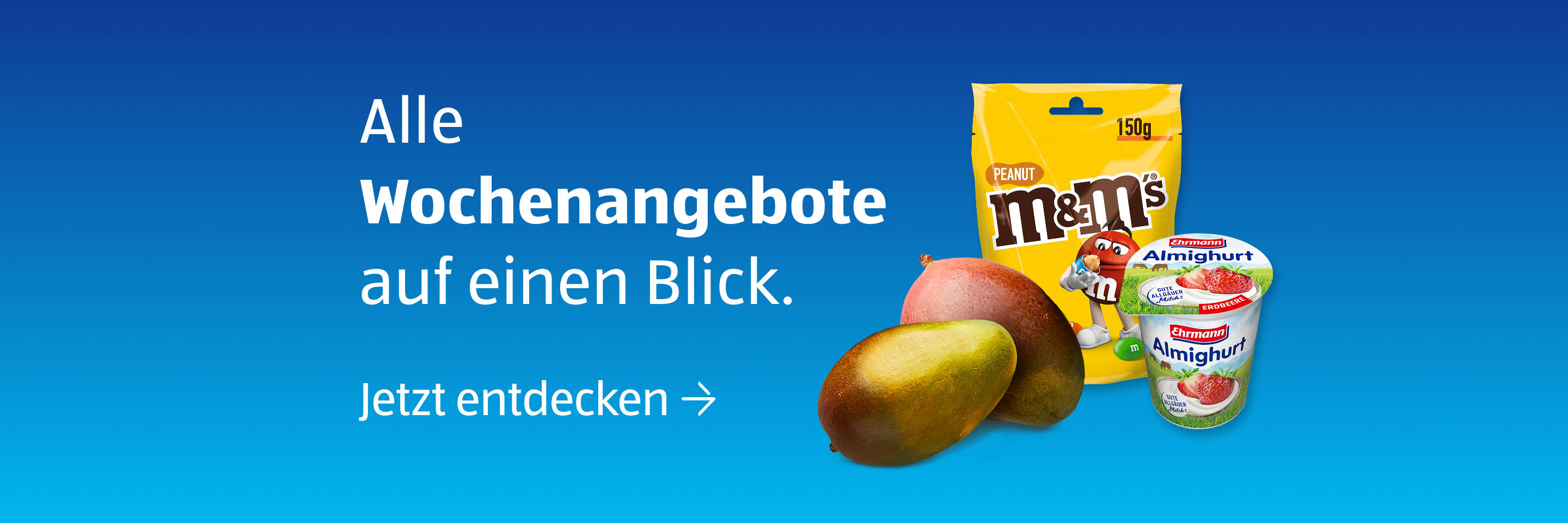 Wöchentliche Angebotsanzeige mit Lebensmitteln und Mango.