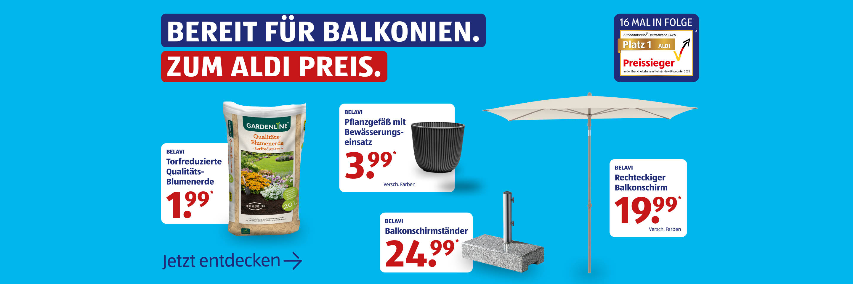 ALDI Balkon‑Essentials mit Preisen und Produktabbildungen.