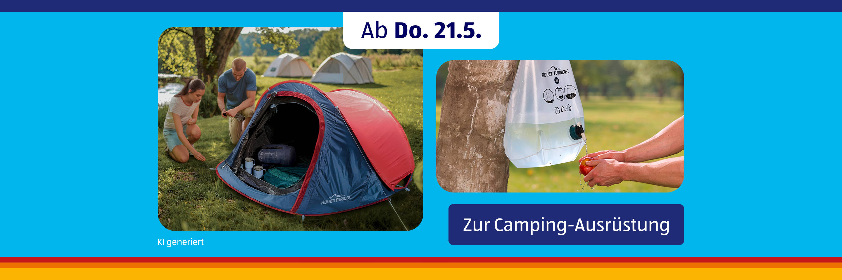 Campingausrüstungs‑Promotion mit Zelt und Wasserbeutel.