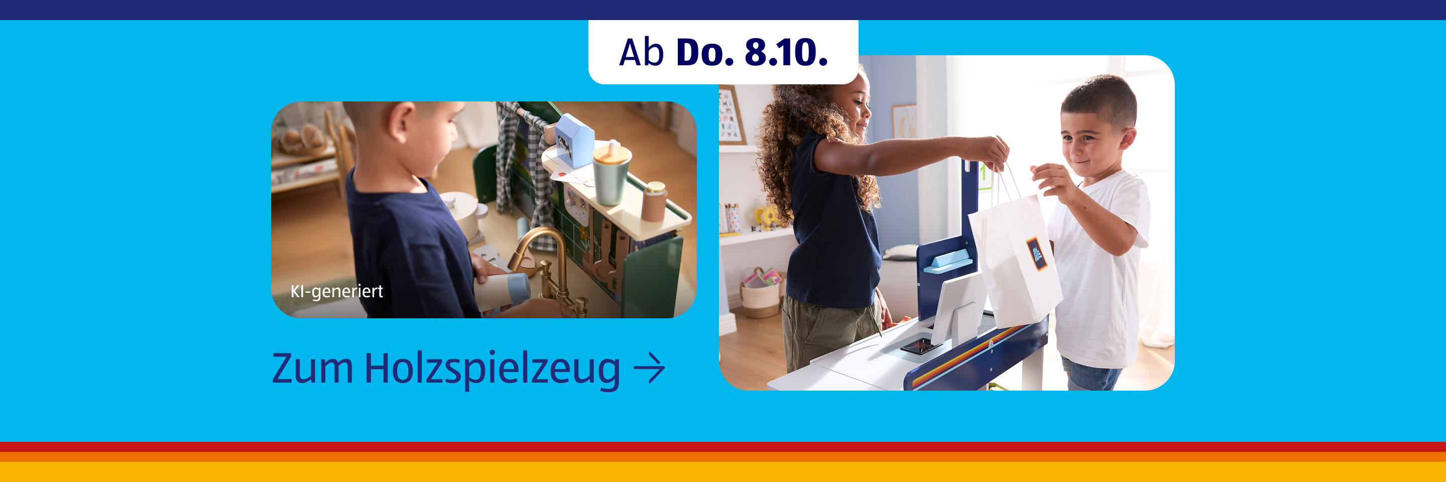 KI-generiert Kinder spielen mit Holzspielzeug in einer hellen Umgebung; darunter befindet sich ein Link zu weiteren Info