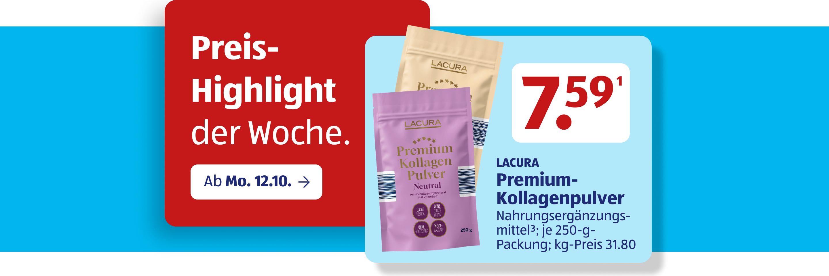 Verpackungen von Lacura Premium-Kollagenpulver mit Preisdarstellung auf blauem Hintergrund.