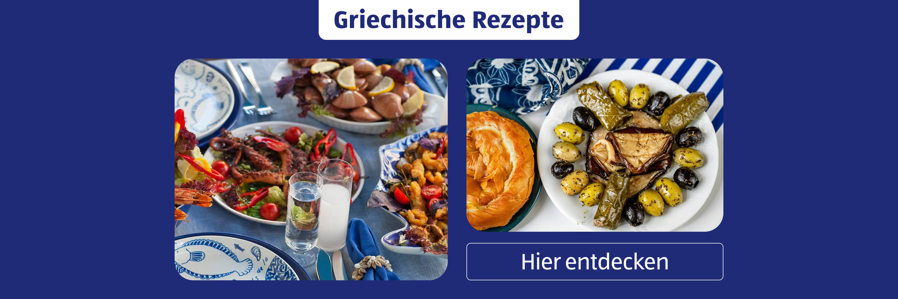 Traditionelle griechische Gerichte auf blauem Tischgedeck.