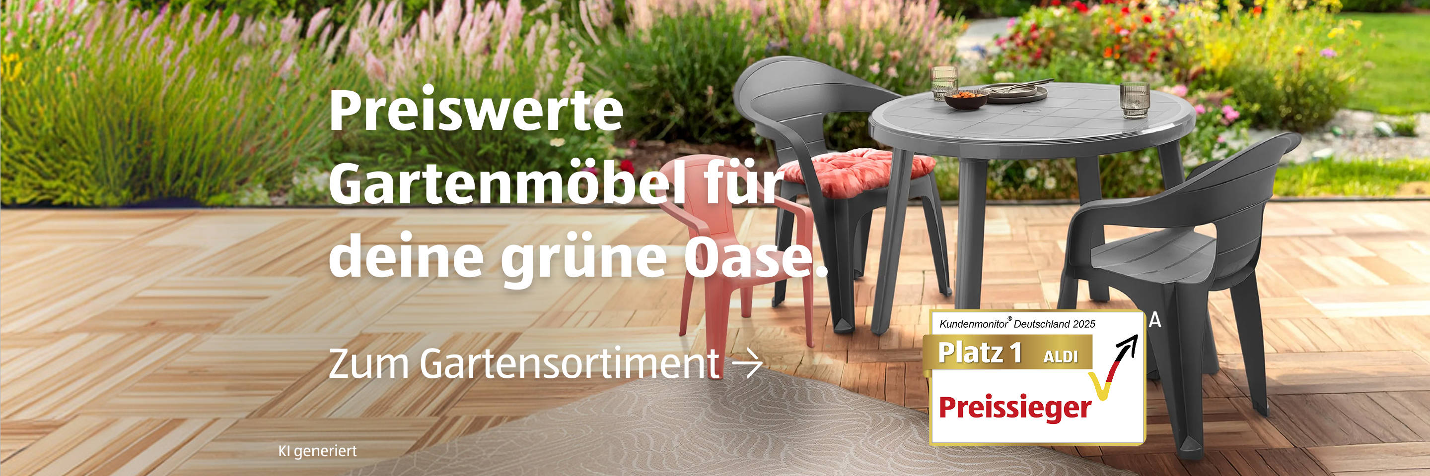 Kunststoff‑Gartentisch mit Stühlen auf einer Terrassendeckfläche.