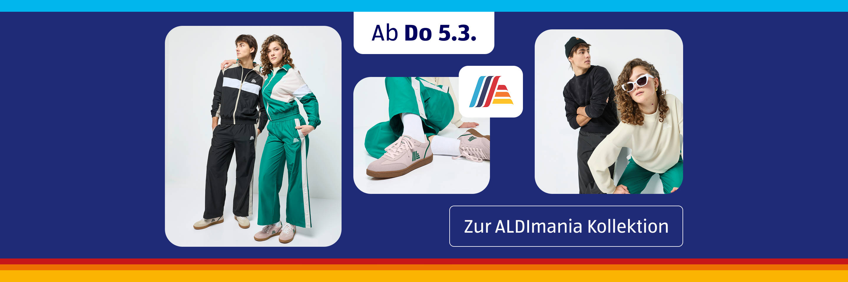 Sportlich‑lässige Modekollektion mit grünen Trainingsanzügen.