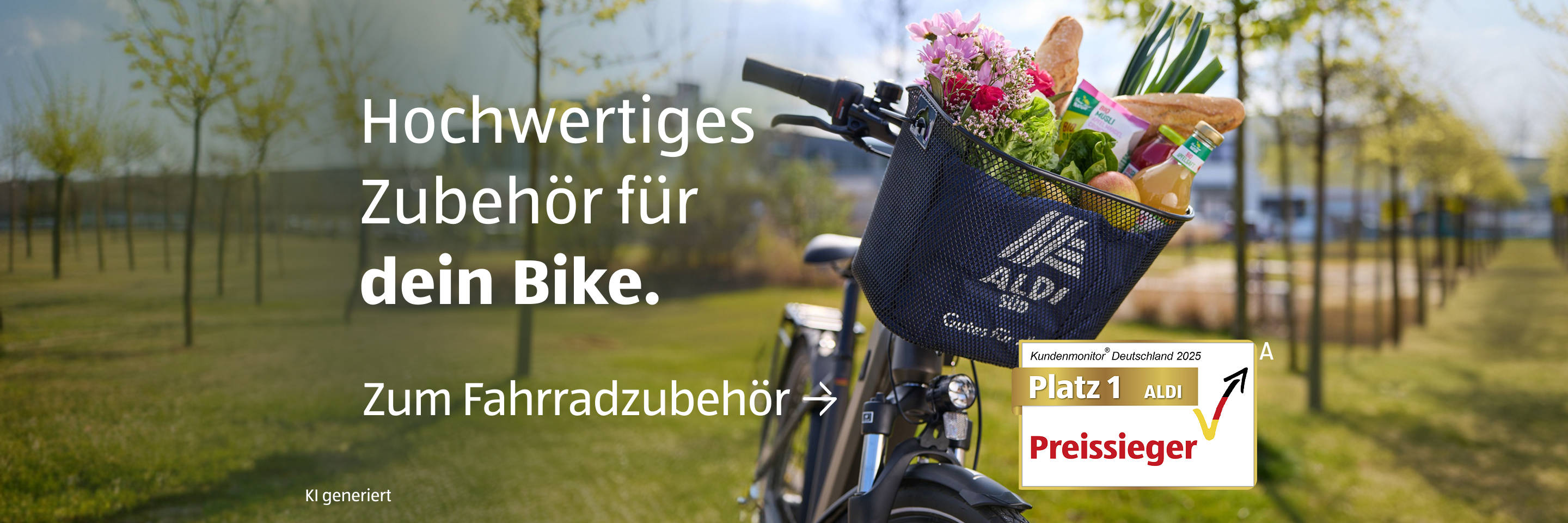 Fahrrad mit ALDI SÜD Korb, gefüllt mit Lebensmitteln.