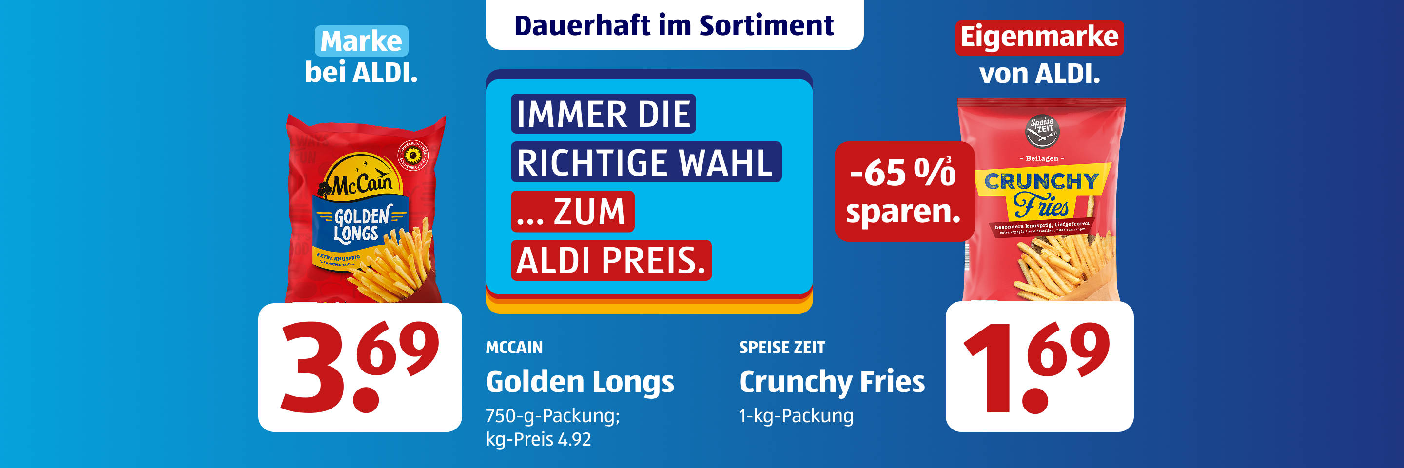 Preisvergleich McCain Golden Longs und SPEISEZEIT Crunchy Fries.