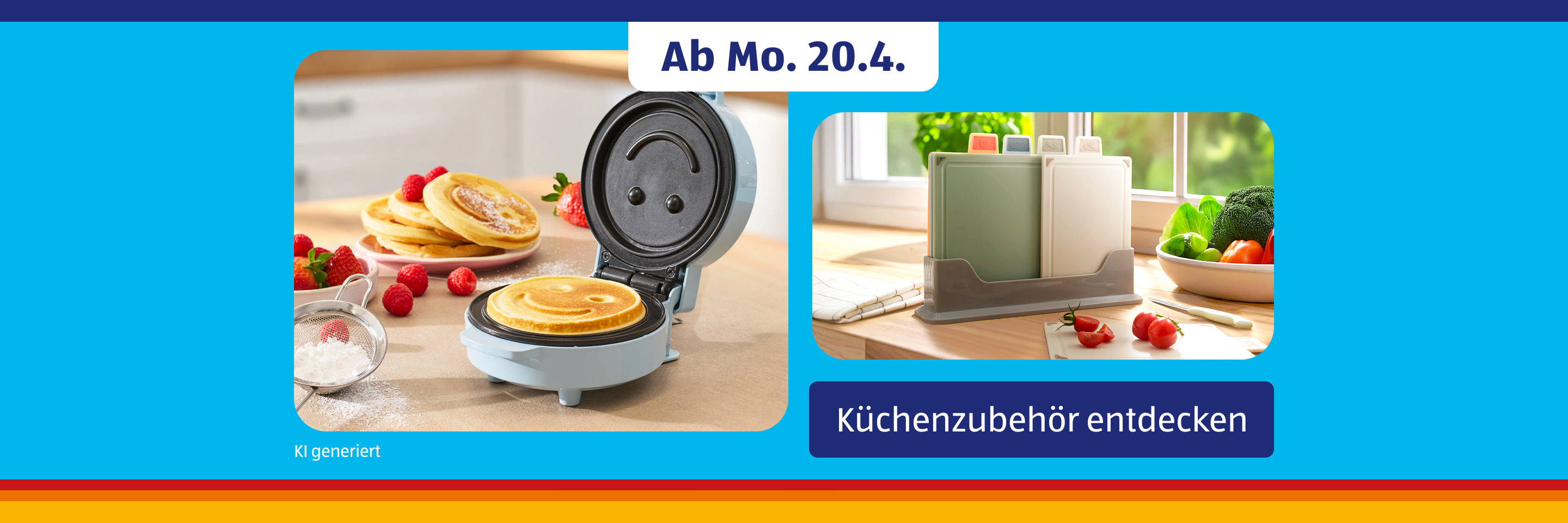 Küchenaccessoires mit Pfannkuchenmaker und Aufbewahrungsbehältern.