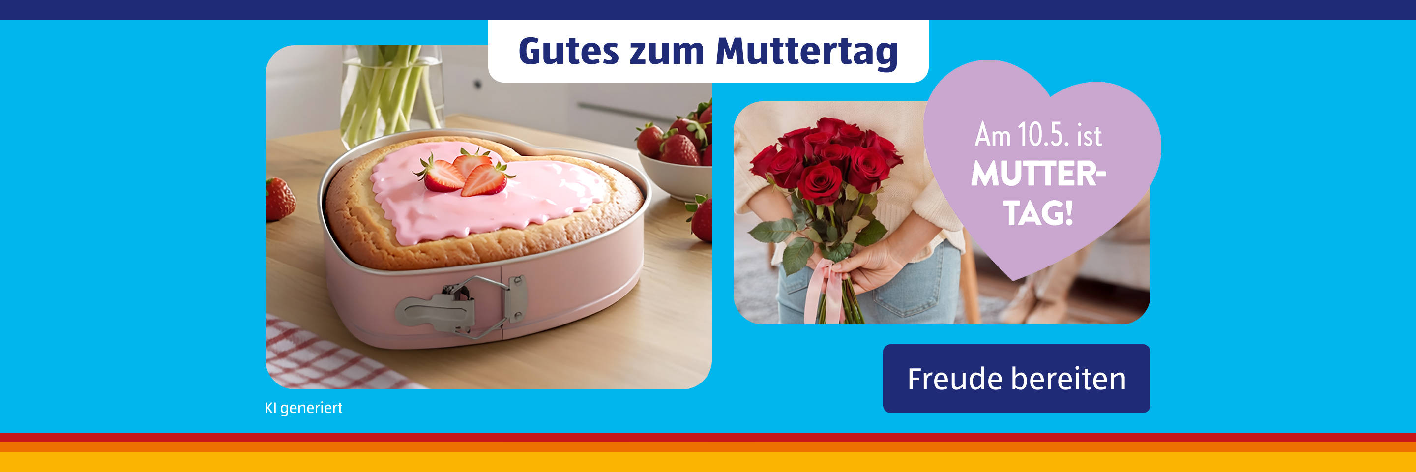 Herzförmiger Kuchen und Blumenstrauß zum Muttertag.