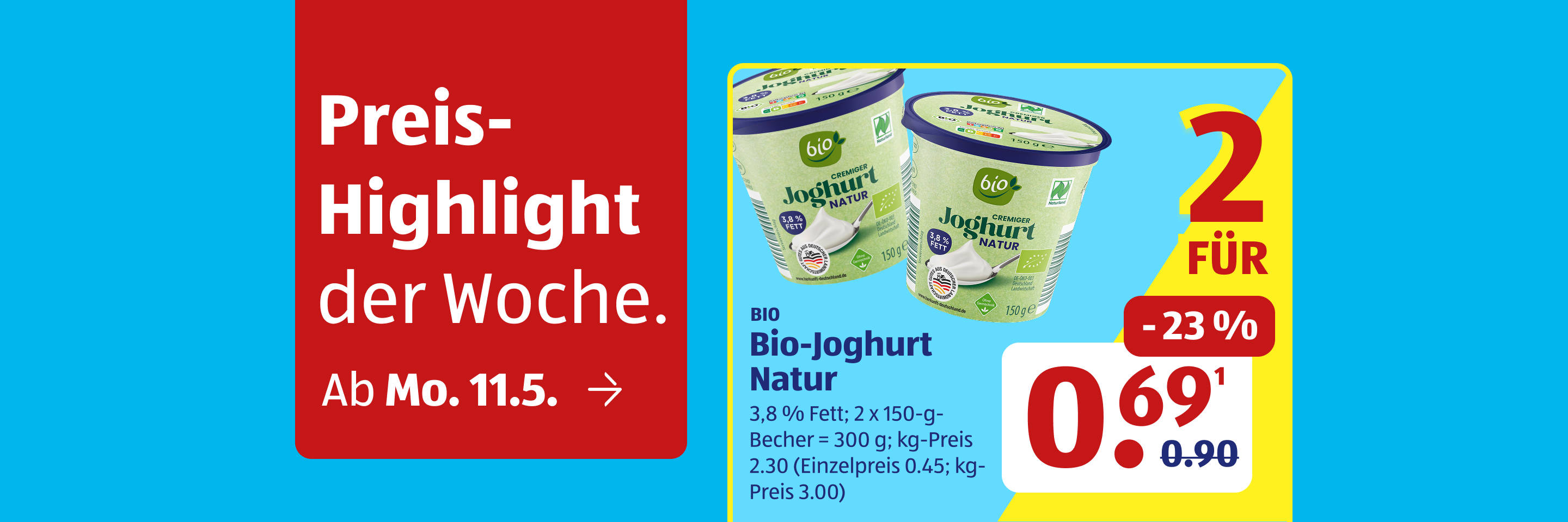 Deutsches Supermarktangebot für Bio‑Joghurt.