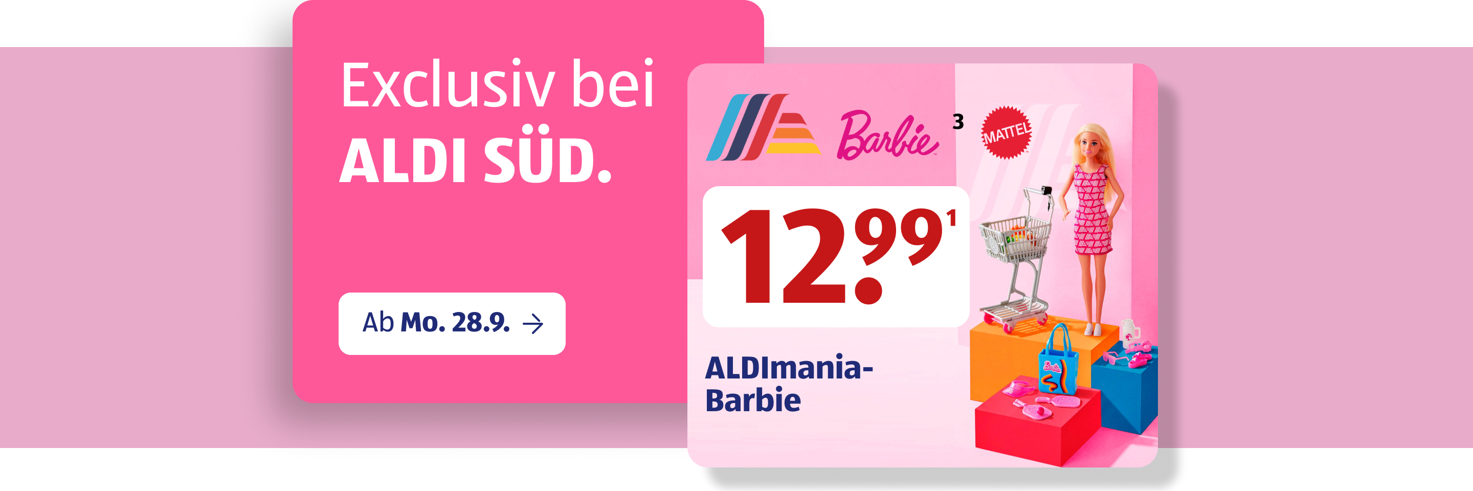 ALDImania-Barbie exklusiv bei ALDI SÜD mit Barbie-Puppe und Zubehör zum Preis von 12,99 € ab Montag, 28.09.