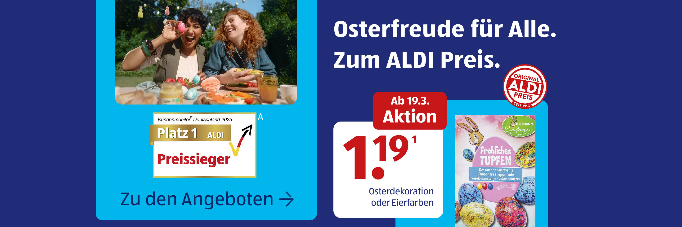 Frühlingshafter Outdoor-Tisch mit Osterdekorationen und Speisen.