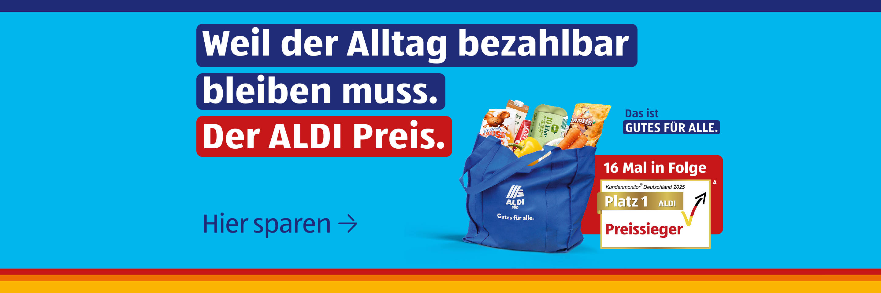ALDI‑Einkaufstasche, die erschwingliche Preise für den Alltag bewirbt.