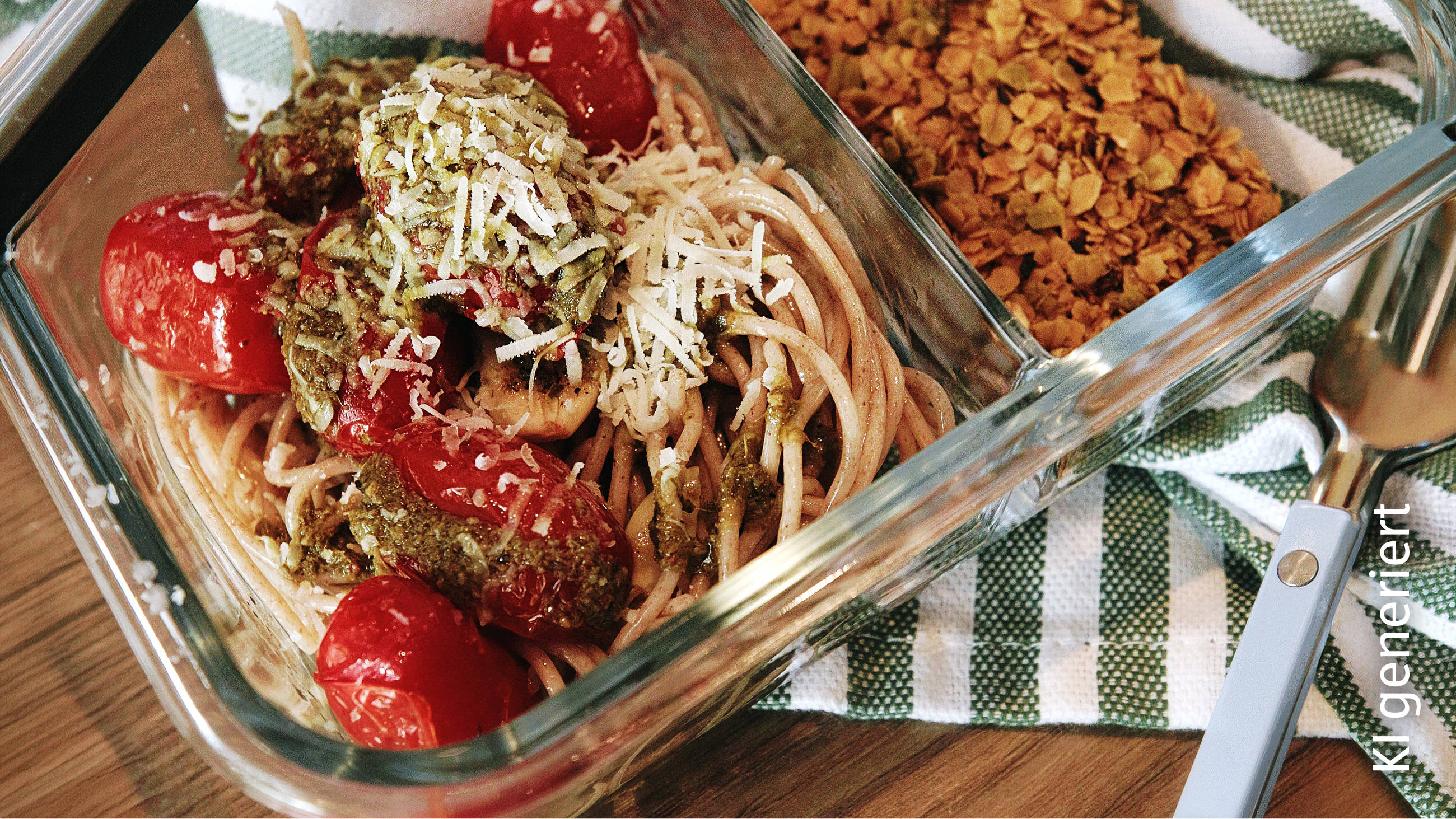 Glasbehälter für Meal Prep mit Pesto-Pasta.