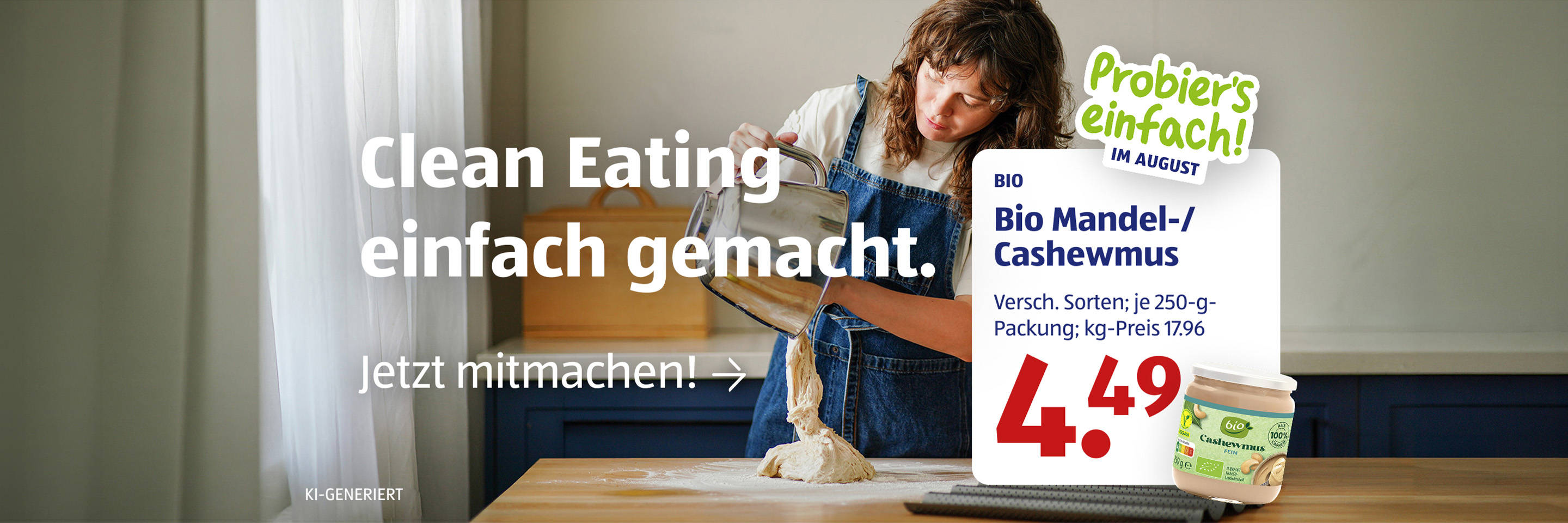 KI-generiert Frau beim Backen von Teig mit einem Bio-Nussaufstrich.
