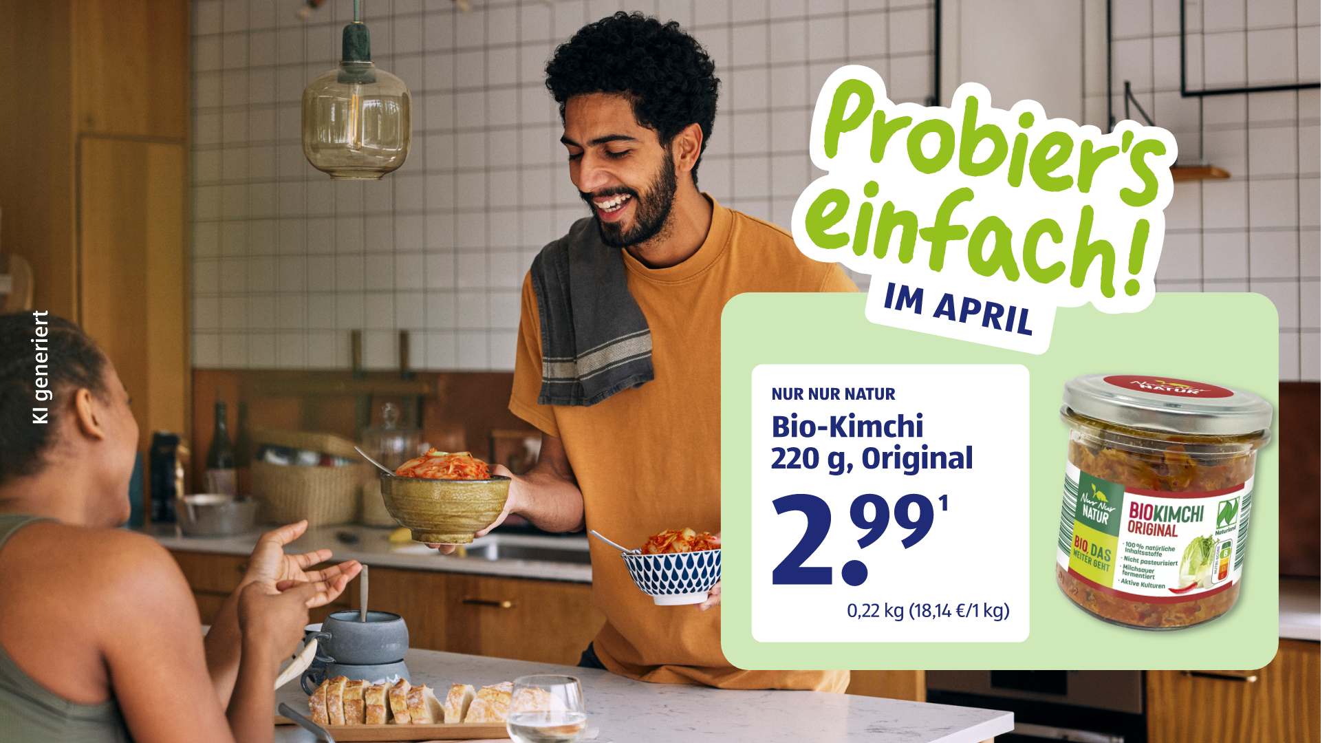 Junge Erwachsene beim gemeinsamen Essen mit Bio‑Kimchi‑Angebot.