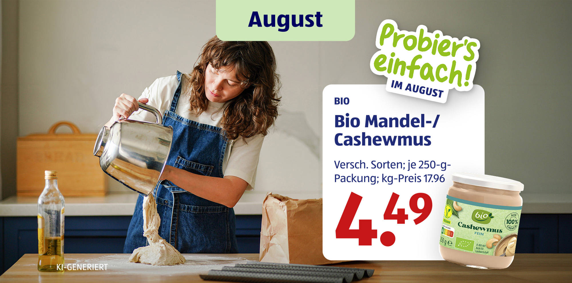 KI-generiert Frau beim Backen mit Bio-Cashewaufstrich.