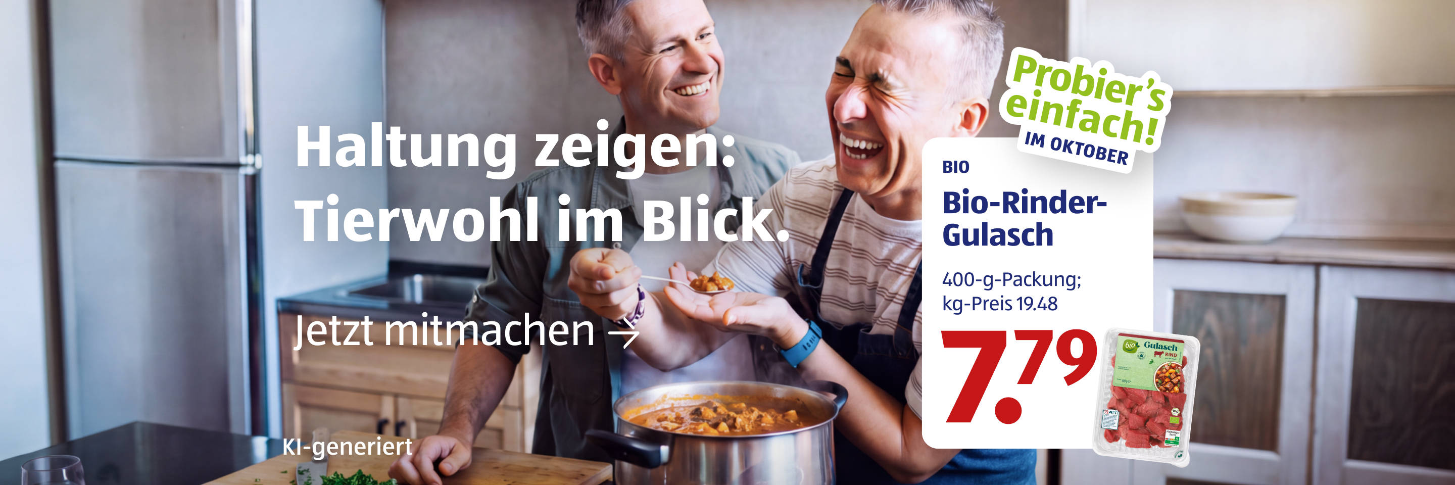 KI-generiert Zwei Personen kochen gemeinsam in einer Küche; daneben steht der Schriftzug „Probier’s einfach! Im Oktober“