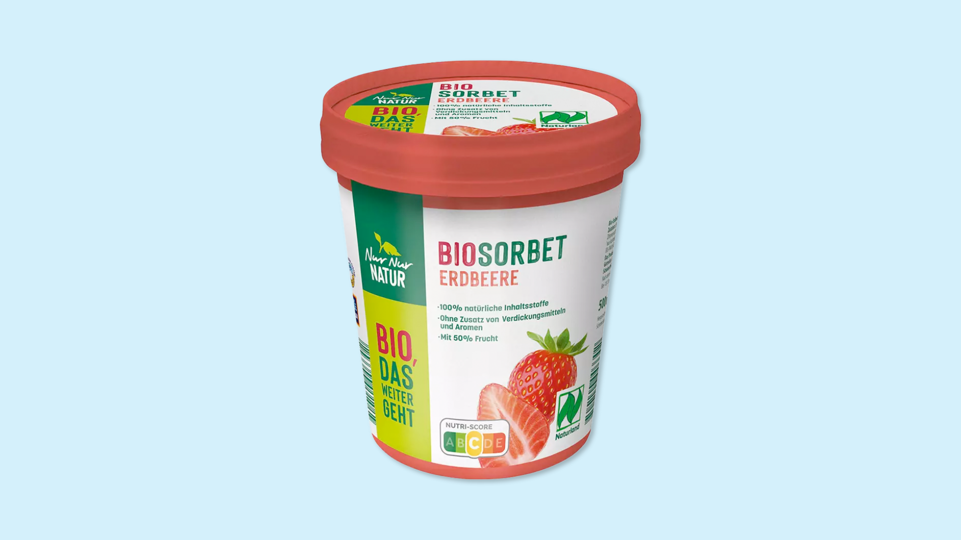 Bio‑Erdbeer‑Sorbet im Becher.