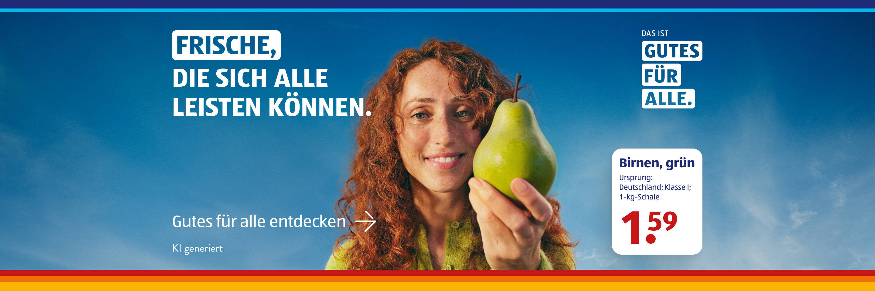 KI-generiert Person hält eine Birne vor blauem Hintergrund. Frische, die sich alle leisten können.