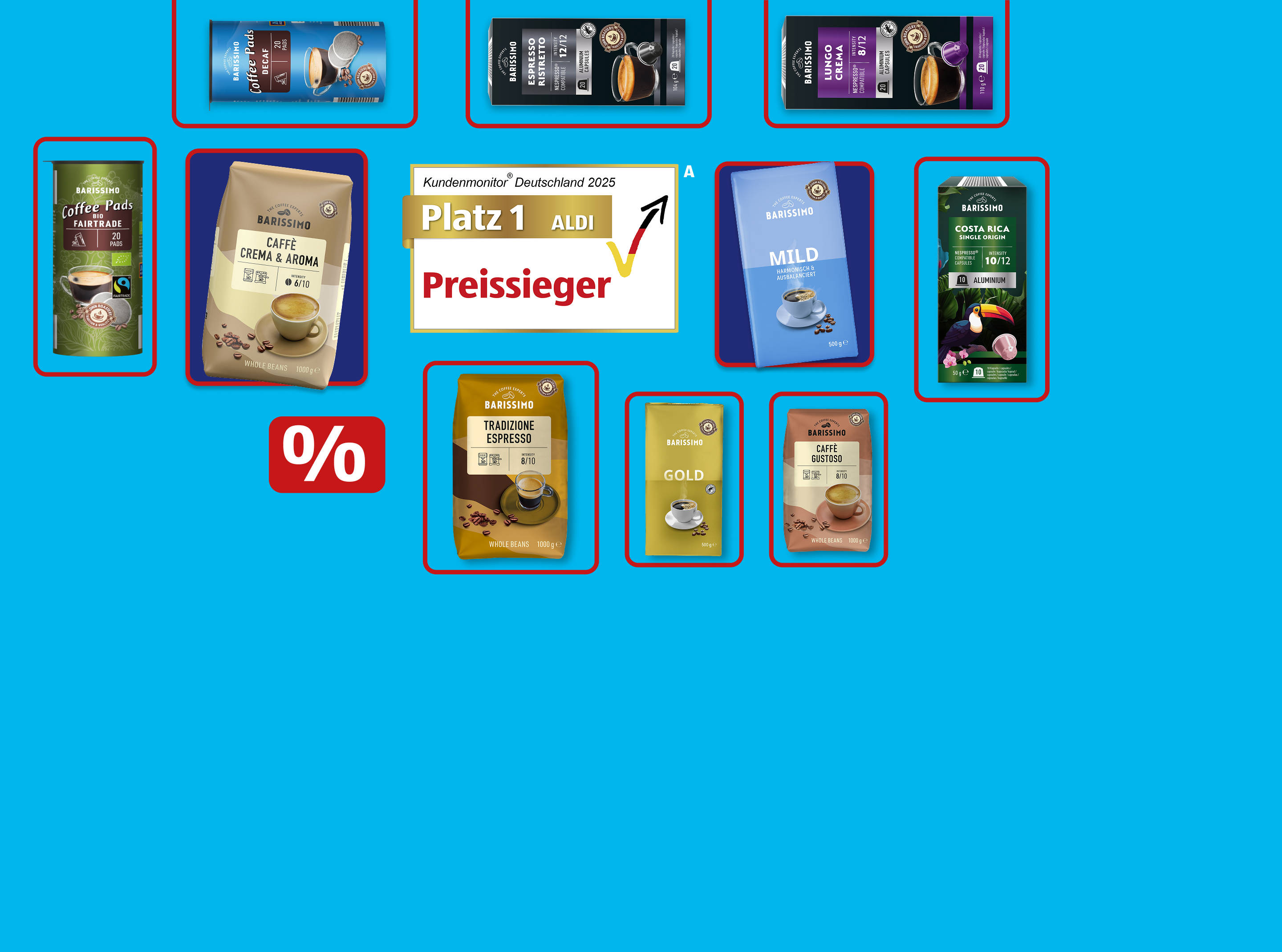 Kaffeeprodukte auf dem blauen Hintergrund.