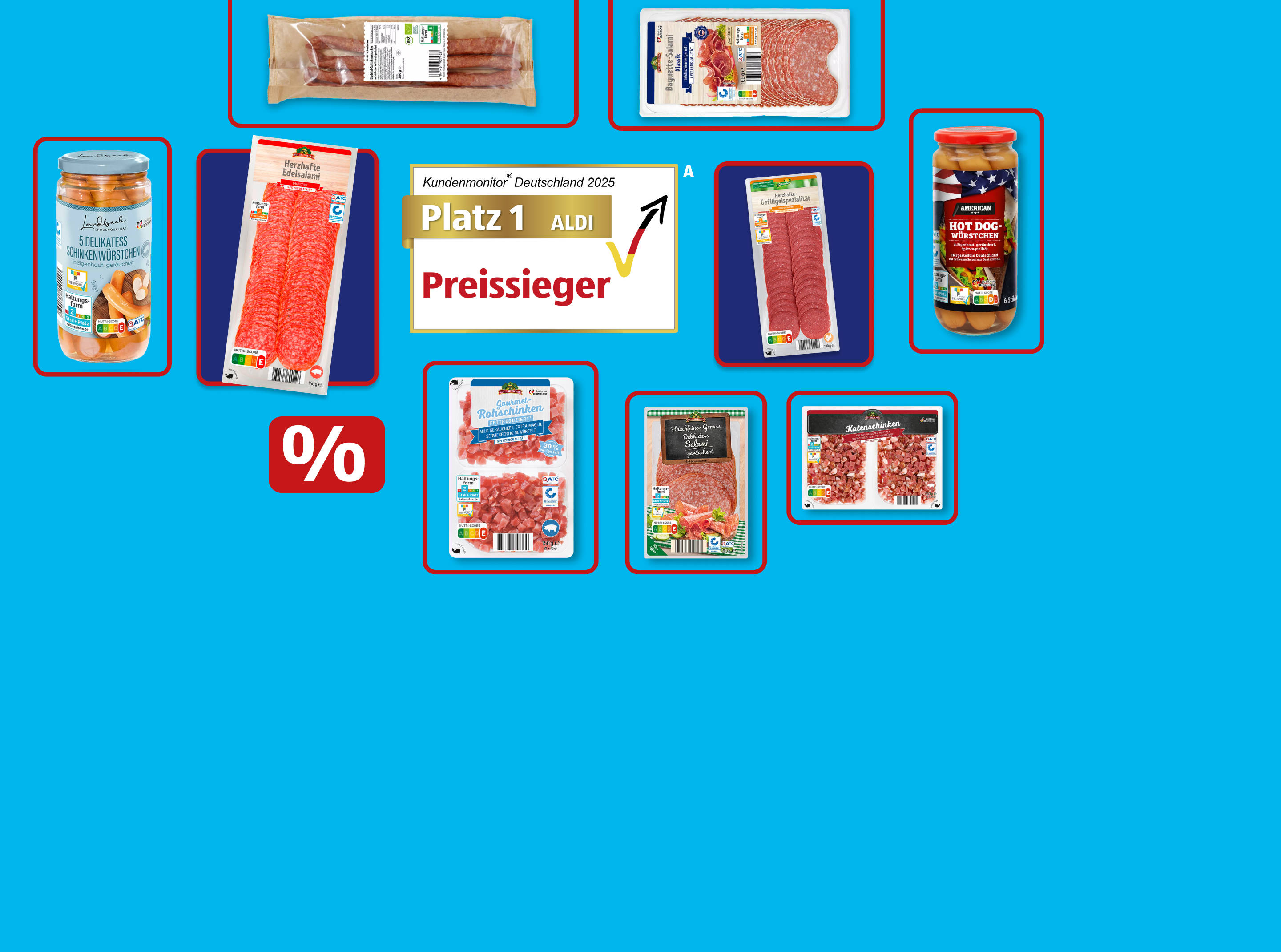 Fleischprodukte und Wurst auf dem blauen Hintergrund.