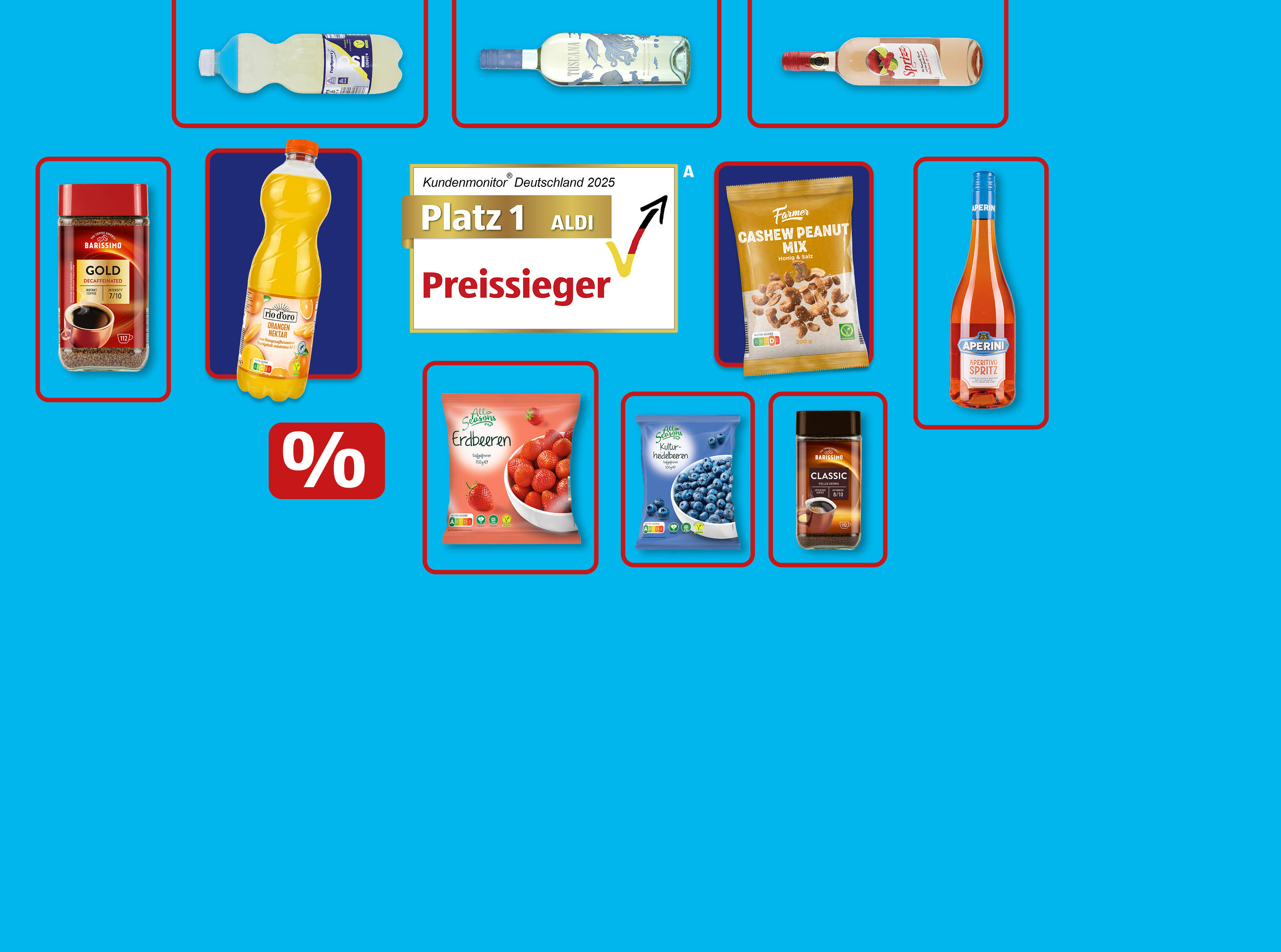 Copilot said:  Verschiedene reduzierte Lebensmittelprodukte auf blauem Hintergrund.