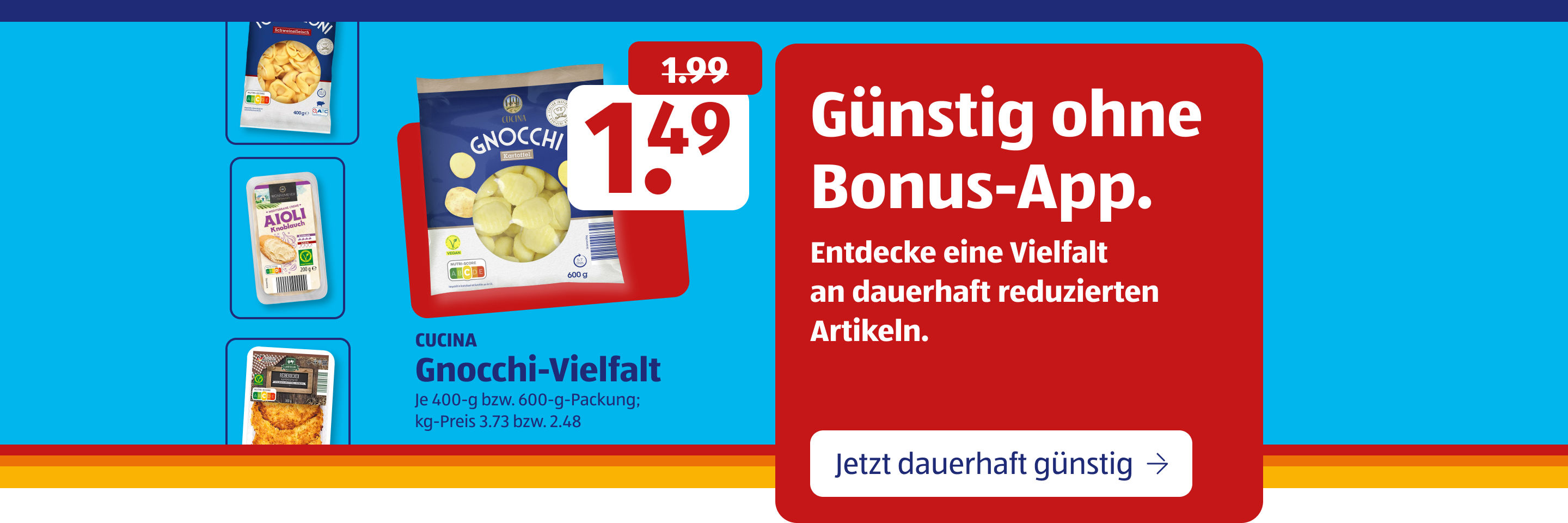 ALDI Teaser mit Gnocchi-Vielfalt, Preisaktion und Hinweis auf Einkauf ohne Bonus-App.