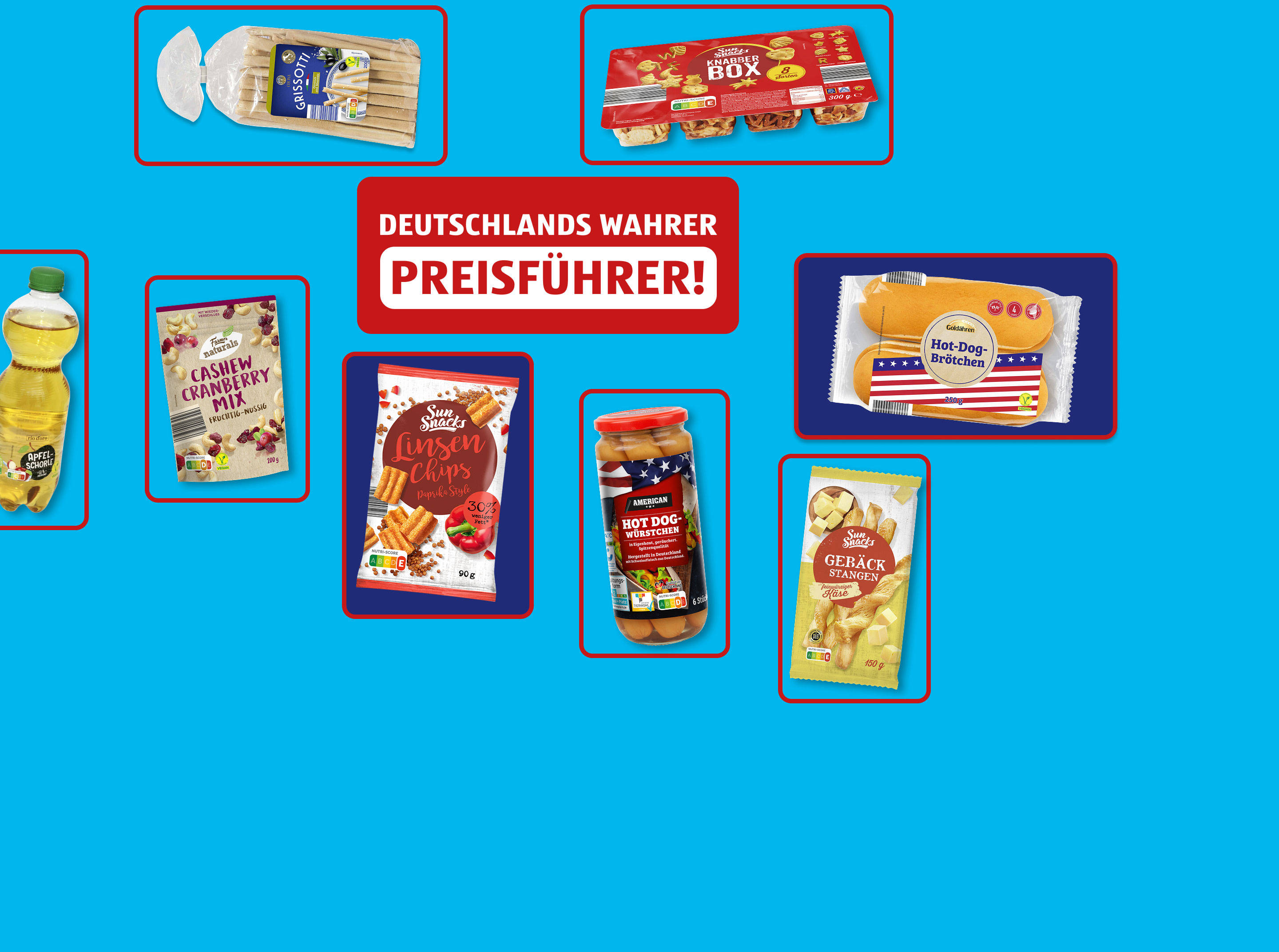 Verschiedene Lebensmittelprodukte auf hellblauem Hintergrund.