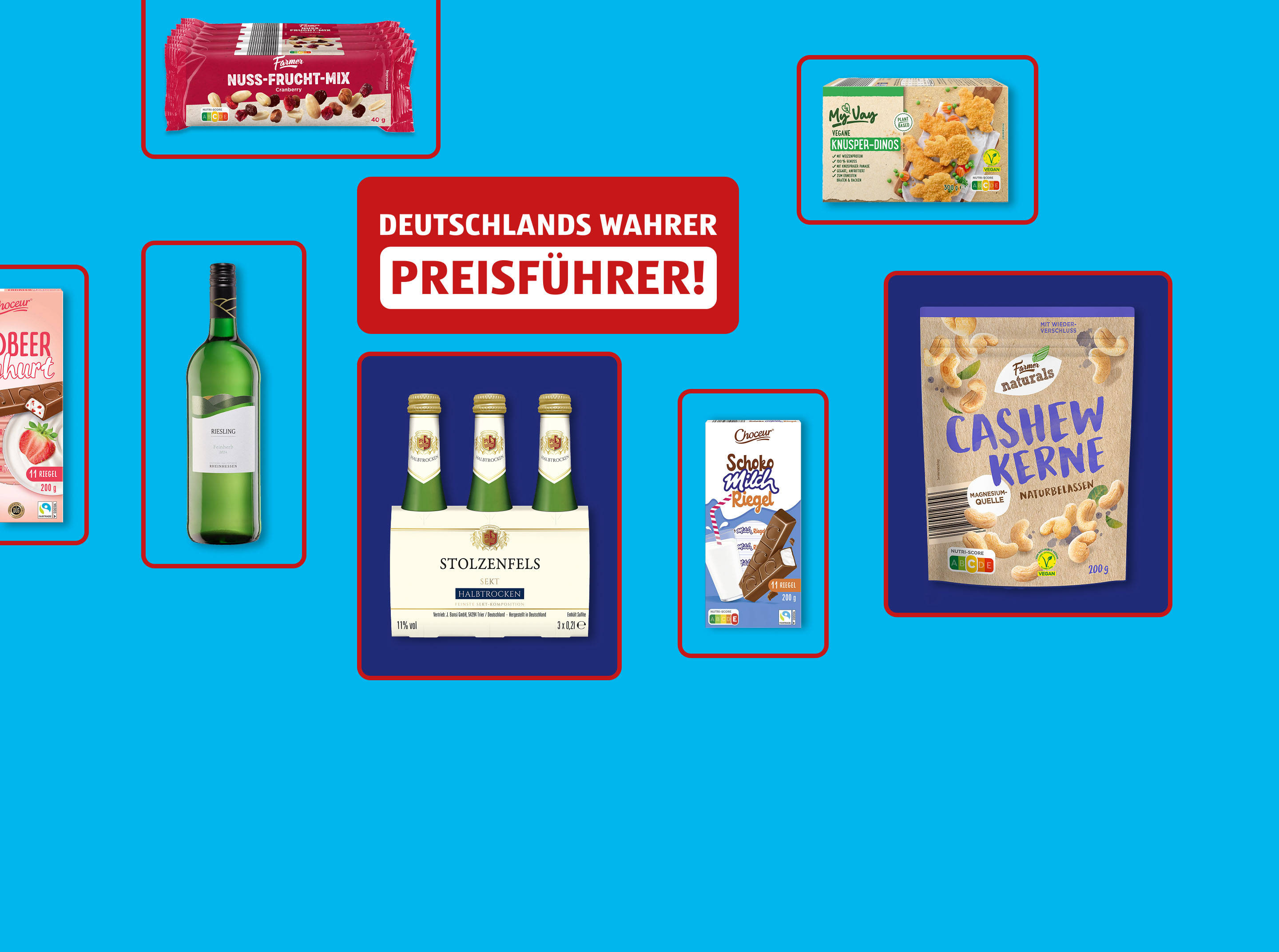 Lebensmittelprodukte auf blauem Hintergrund.