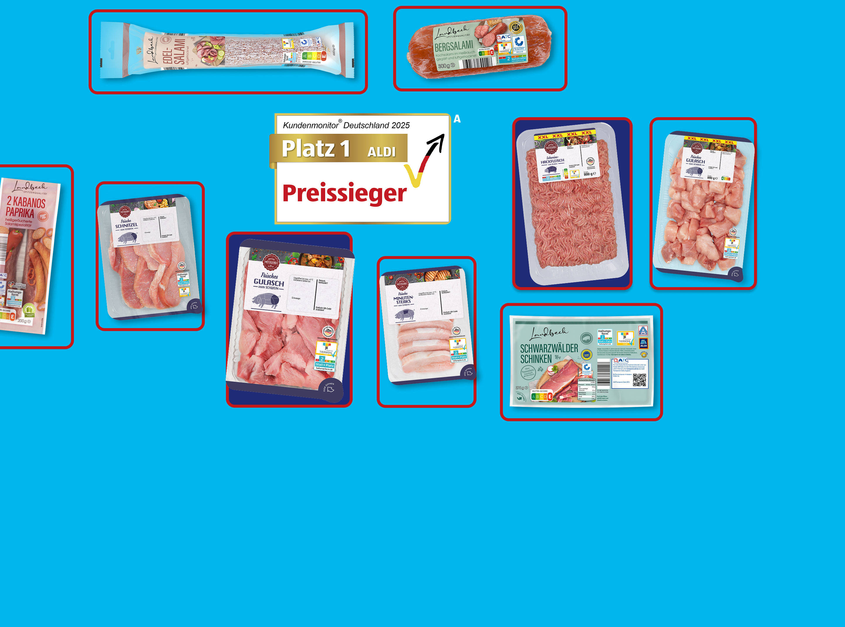 Lebensmittelprodukte auf blauem Hintergrund.