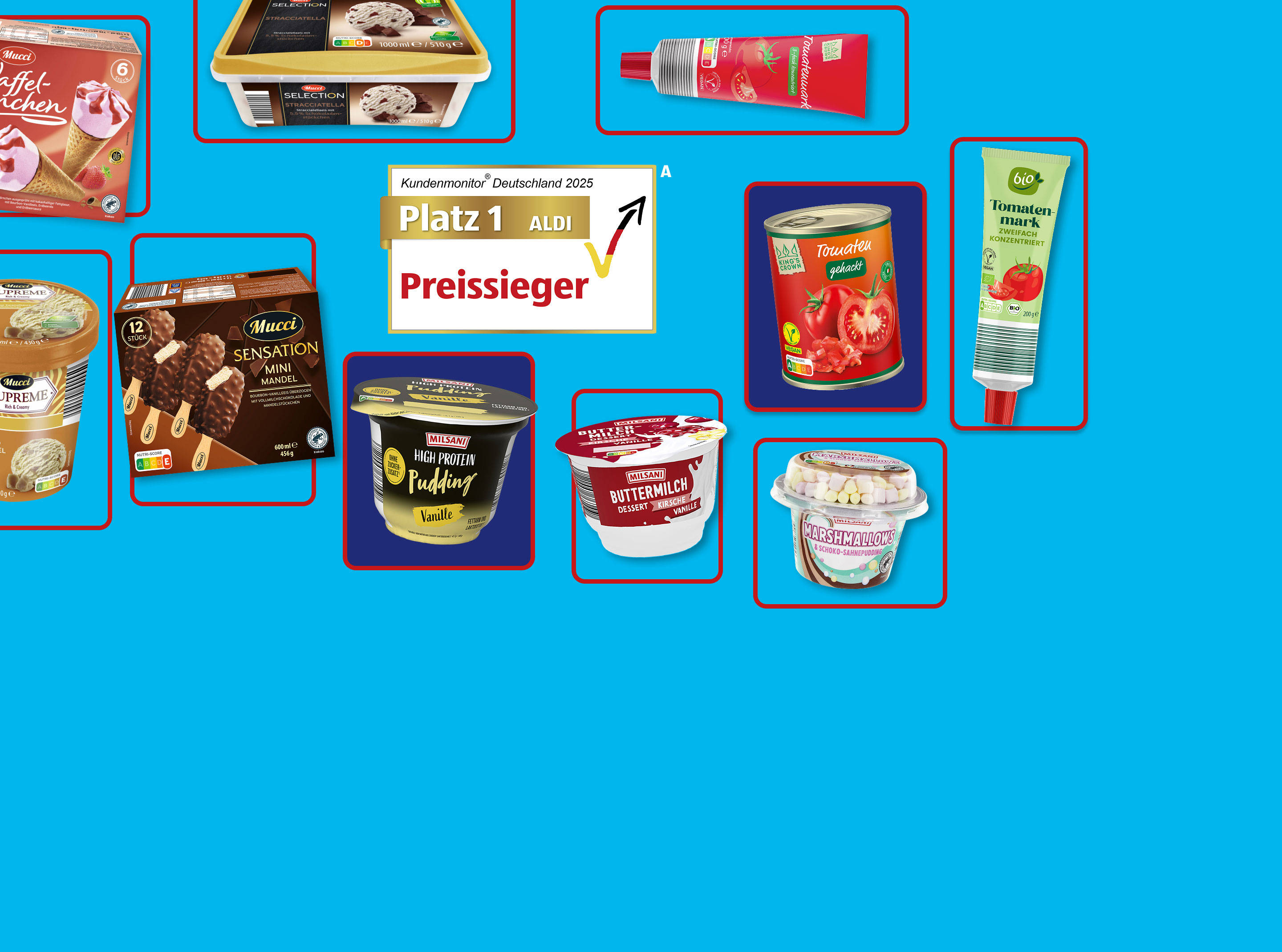 Lebensmittelprodukte auf blauem Hintergrund.