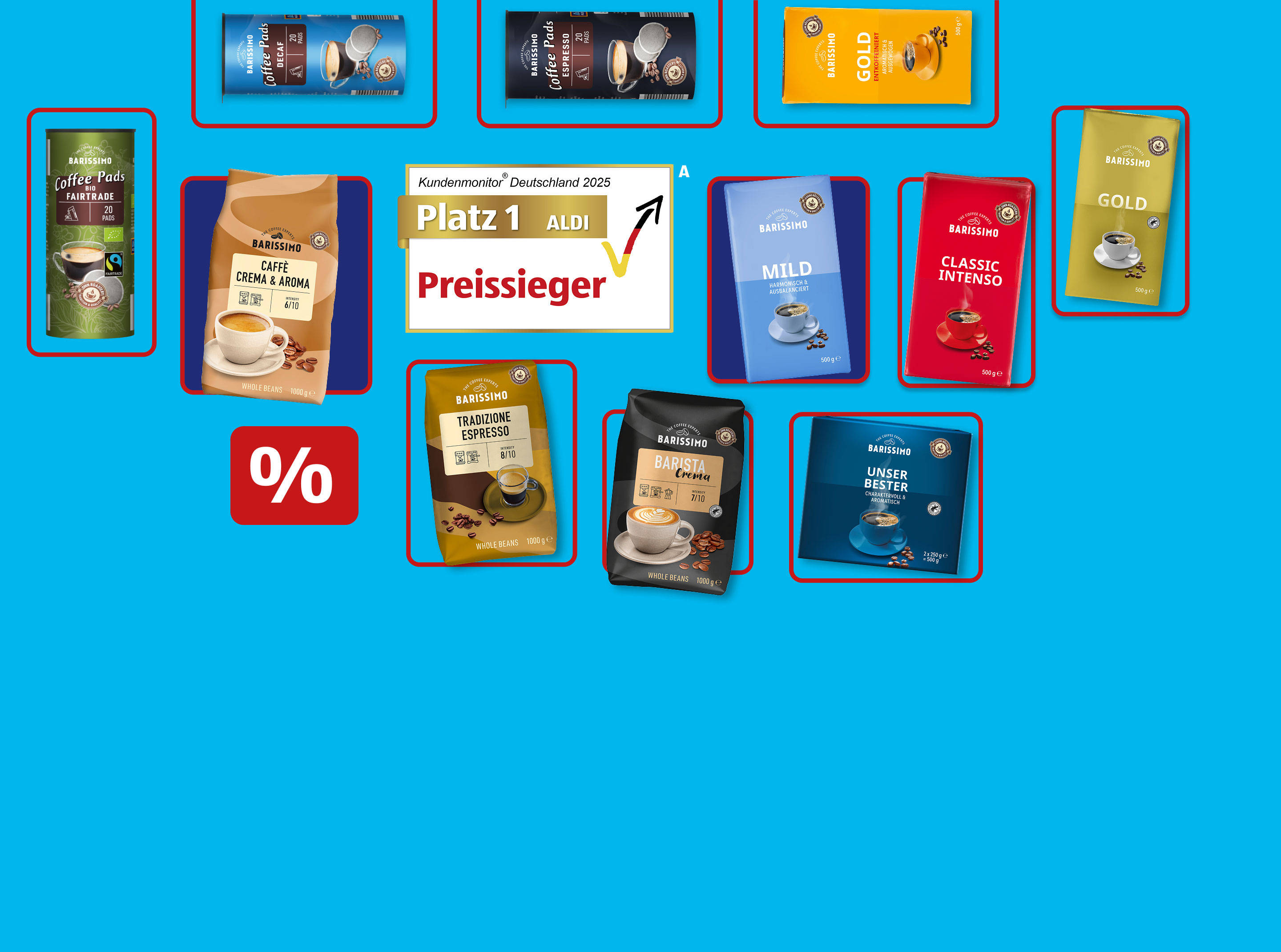 Verschiedene Kaffeeprodukte mit ALDI-Auszeichnungssiegel.