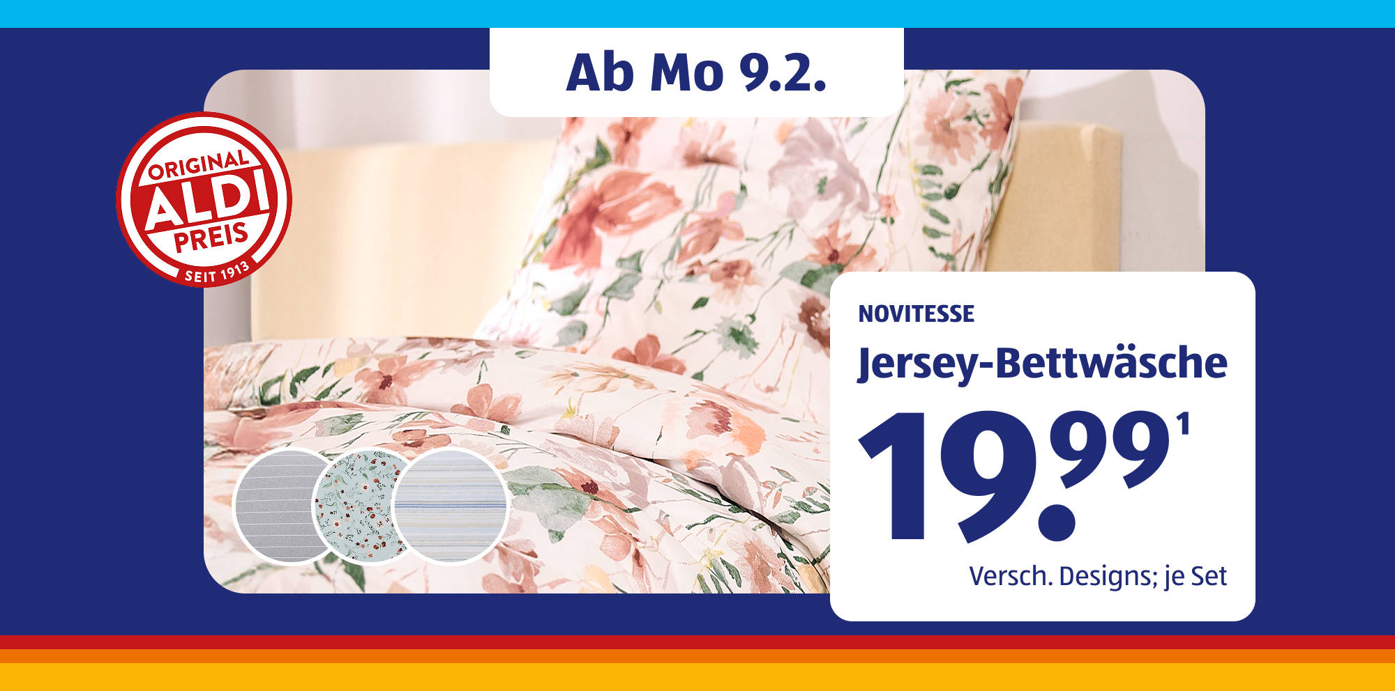 Novitesse Jersey-Bettwäsche-Set mit Blumen- und Musterdesigns.