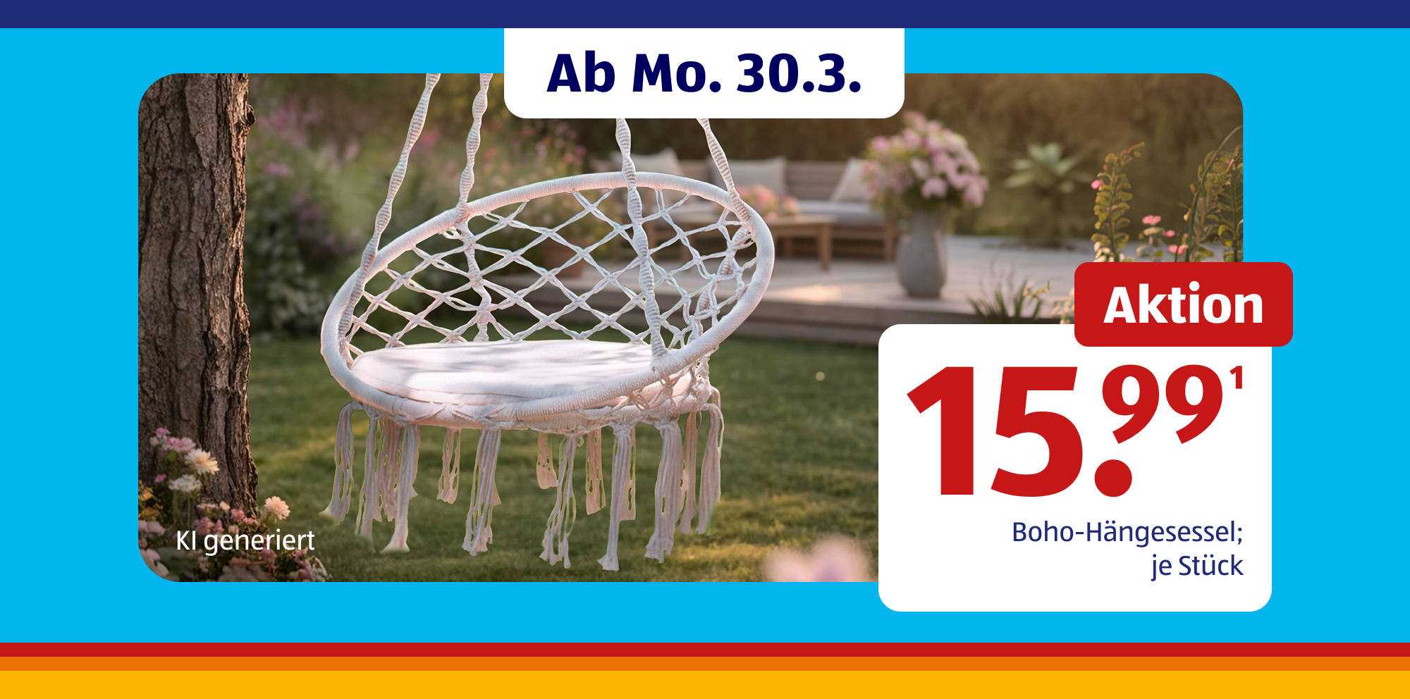 Boho‑Hängesessel im Garten.