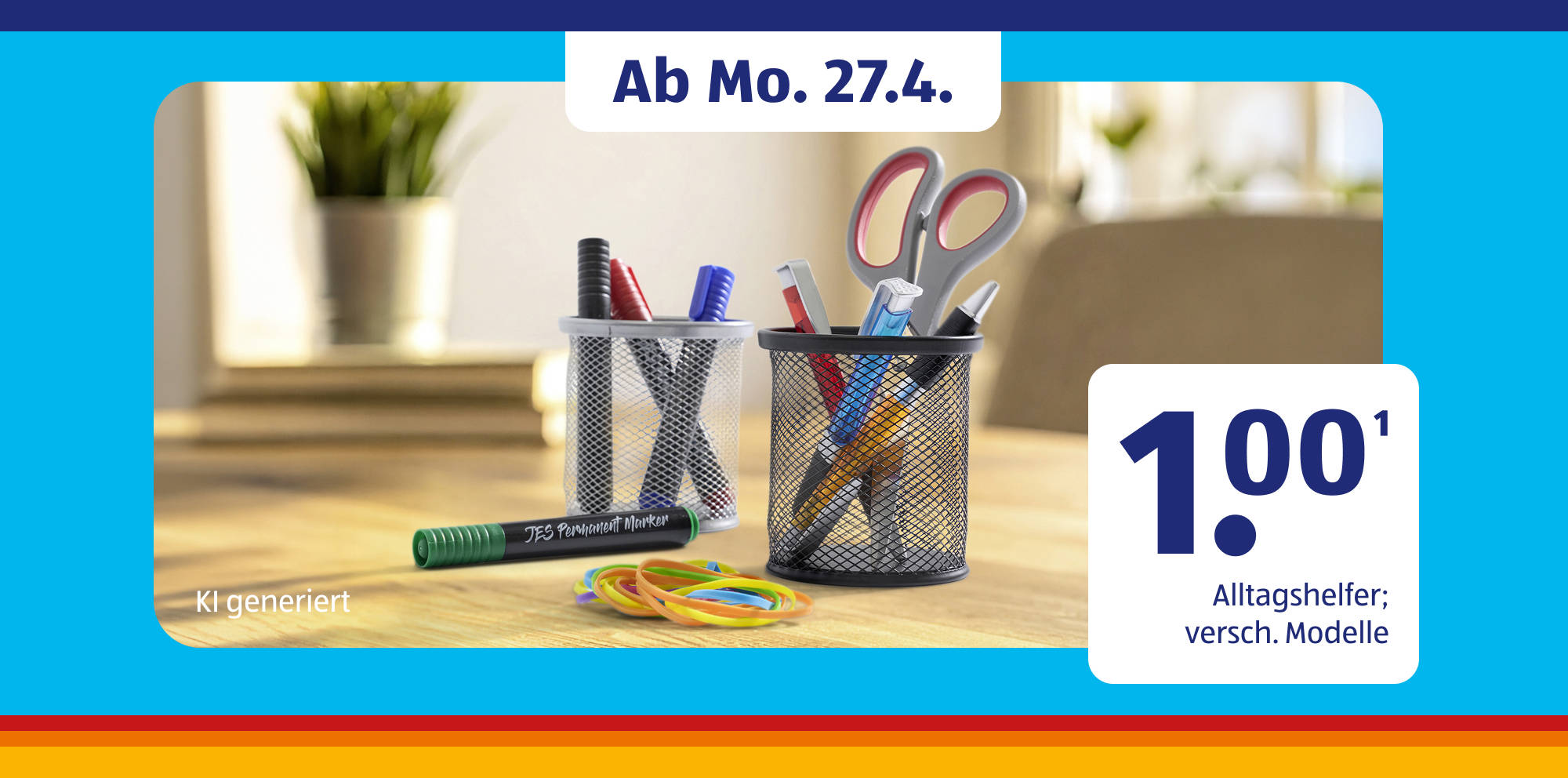 Schreibtisch‑Organizer mit Schreibwaren und Preisschildhalter.