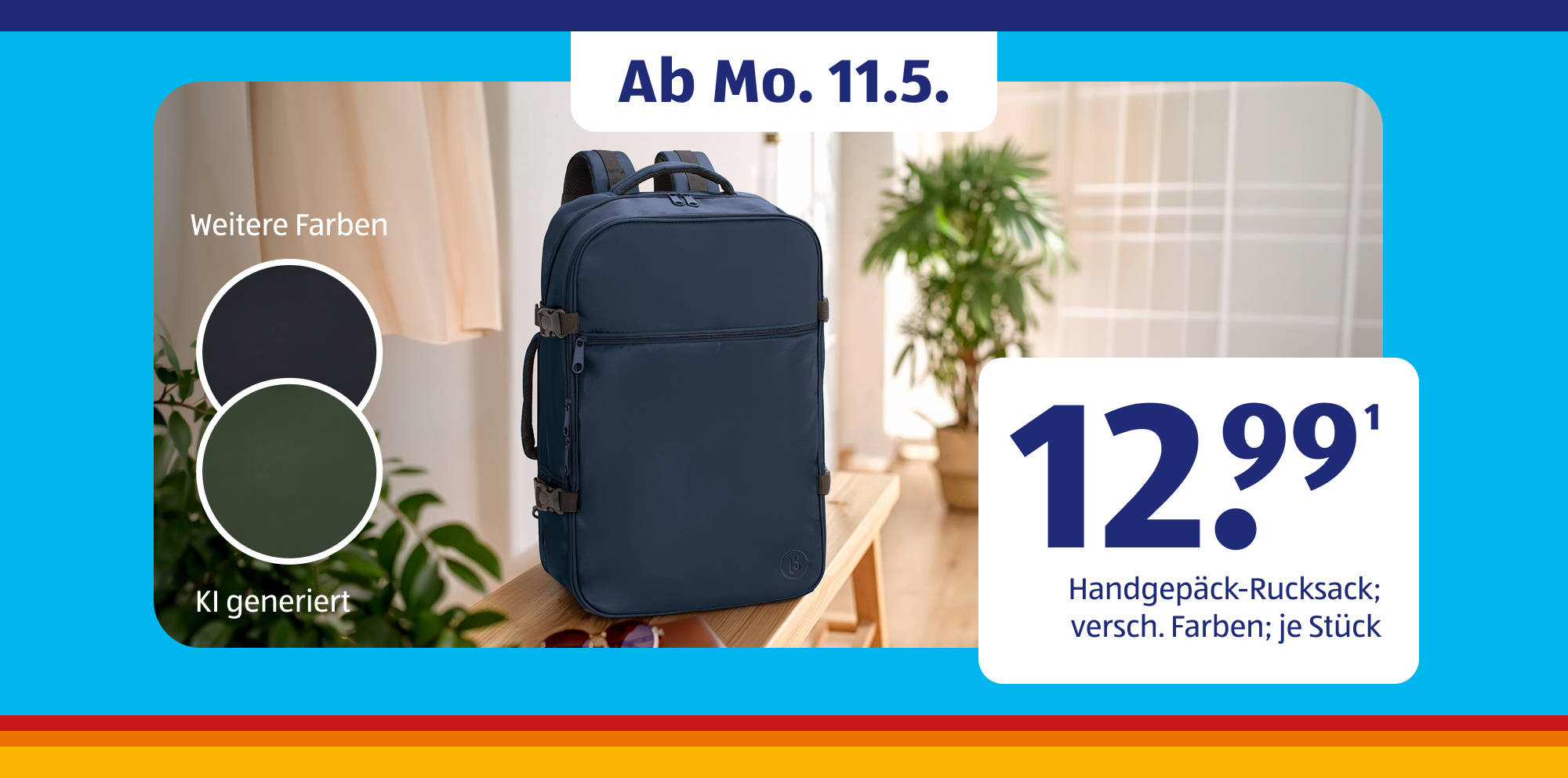Handgepäck-Rucksack auf einer Bank.