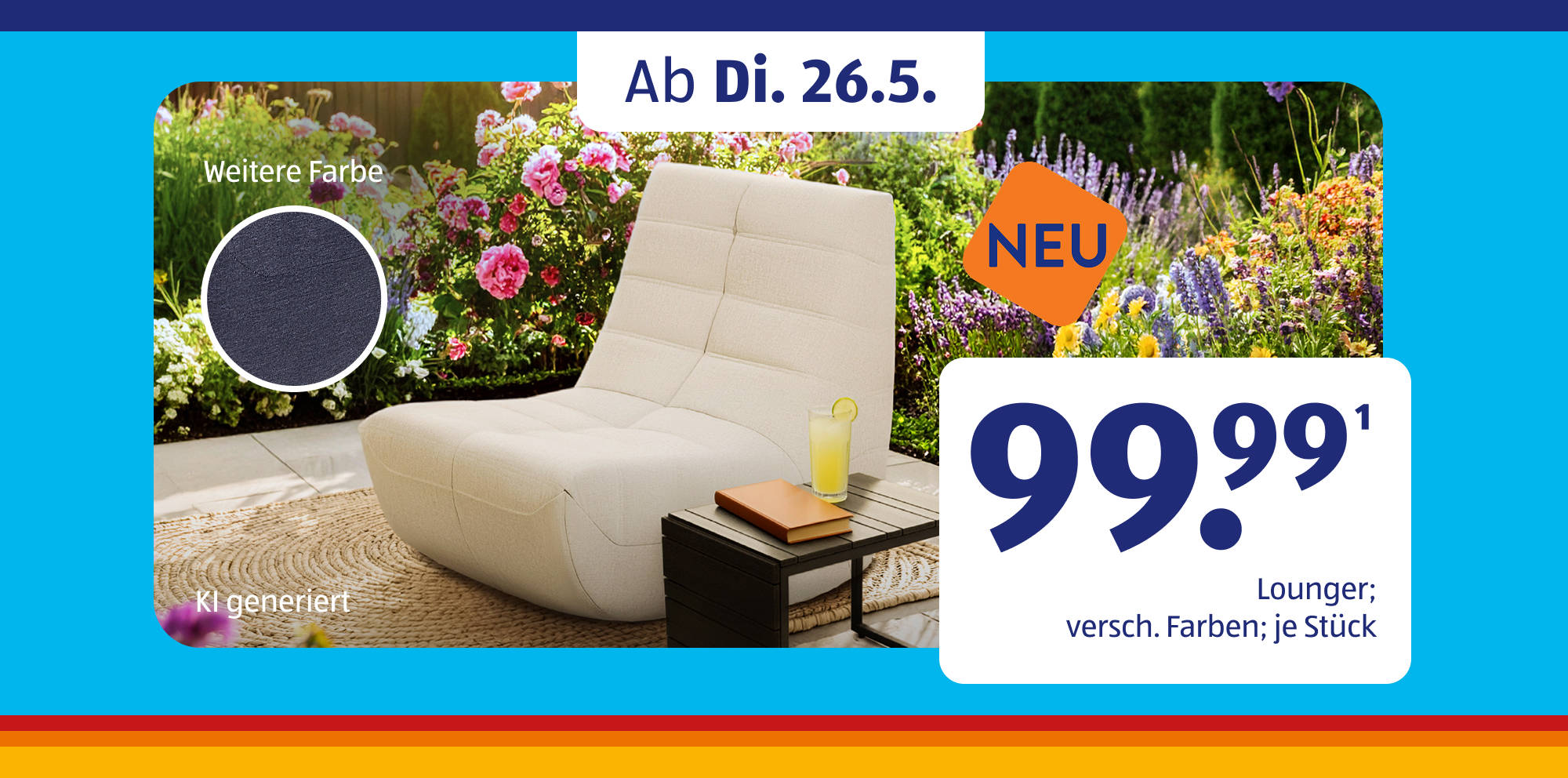 Outdoor‑Liege mit Gartenkulisse und Angebotskennzeichnung.