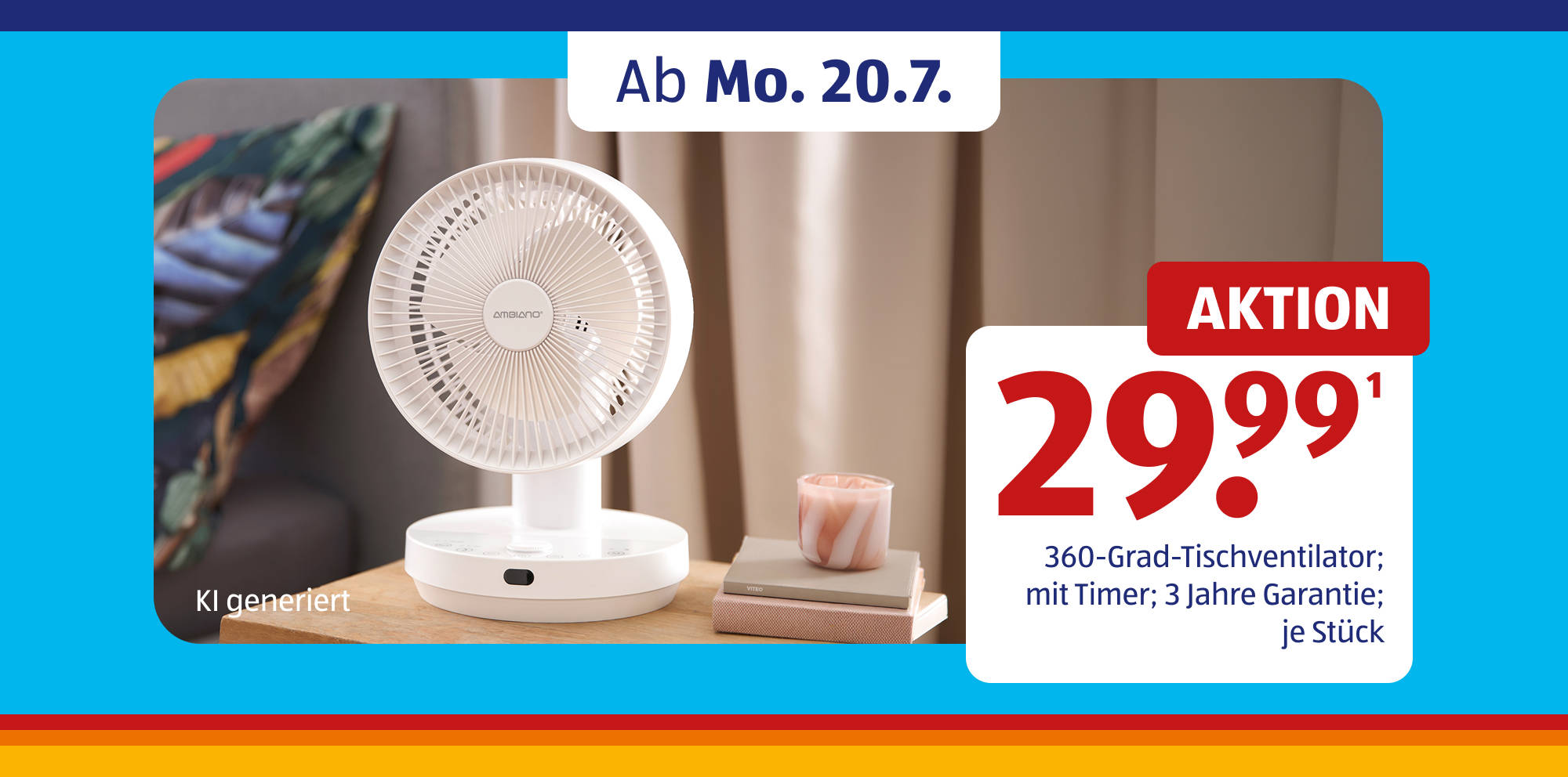 Weißer Tischventilator im Angebot mit Preisangabe.