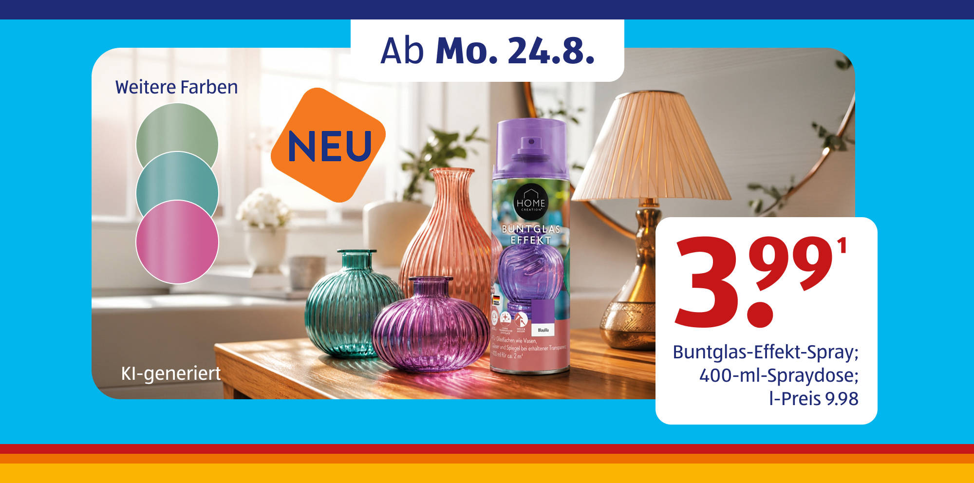 KI-generiert Werbedarstellung für Spray mit buntem Glaseffekt.