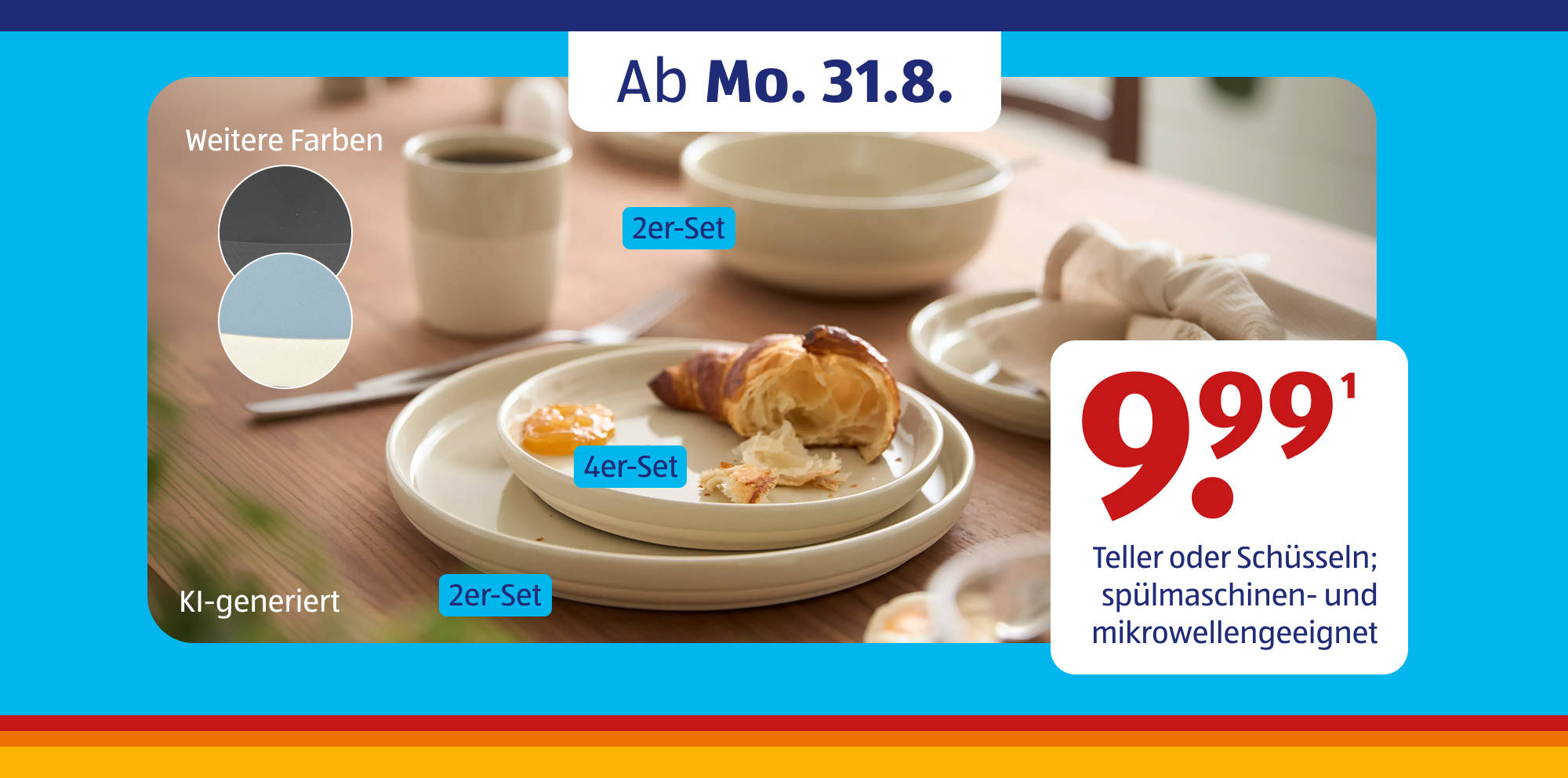 KI-generiert Keramik-Geschirrset mit Croissant in Aktion.