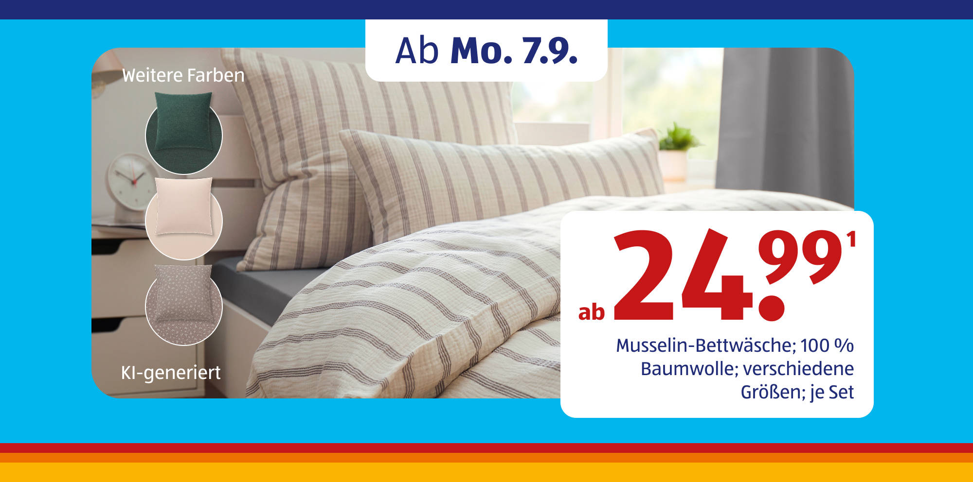 KI-generiert Gestreifte Musselin-Bettwäsche in Aktion.