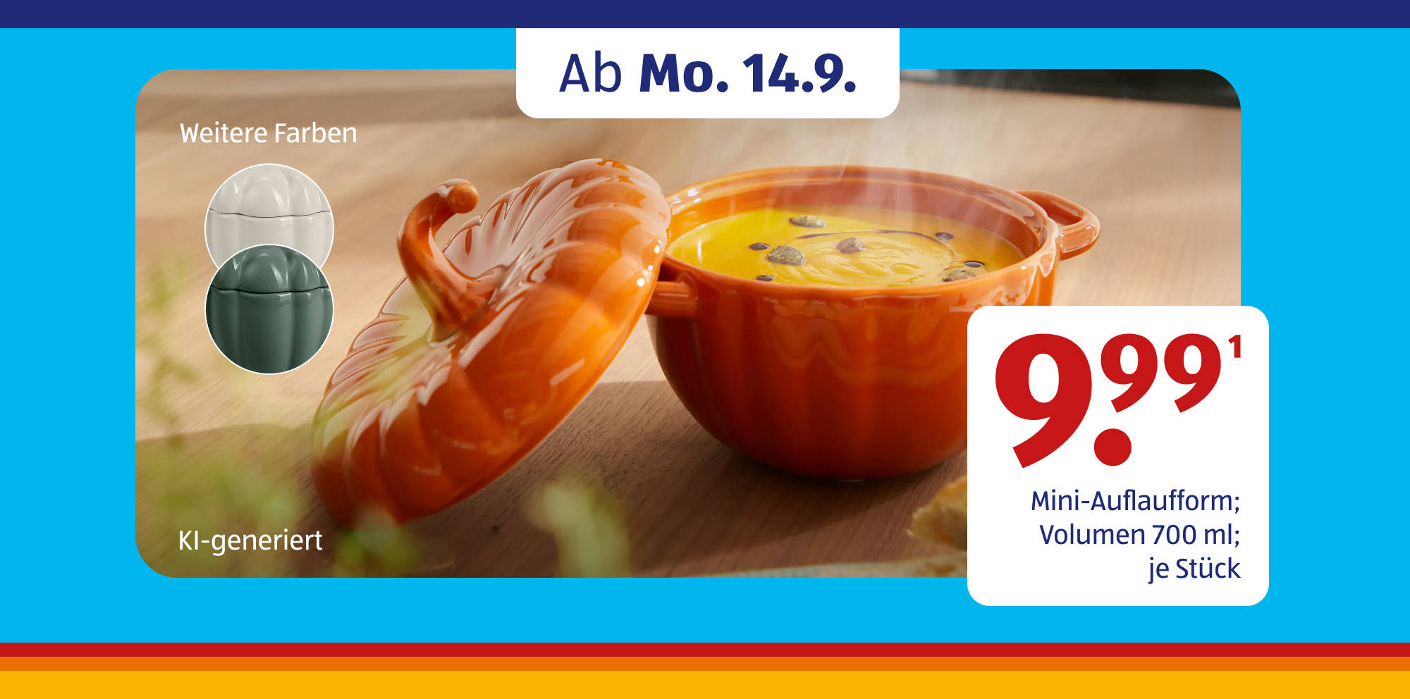 KI-generiert Orangefarbener Mini-Bräter mit Suppe.