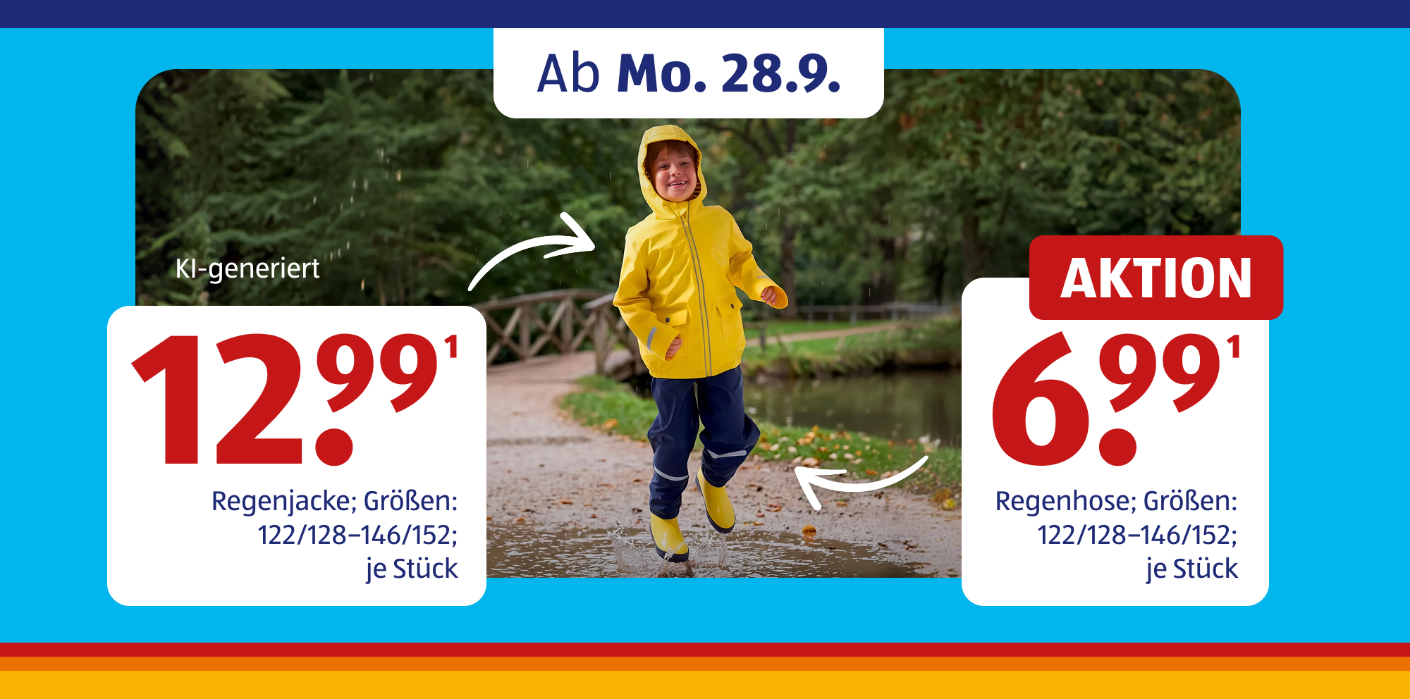 KI-generiert Kind in gelber Regenjacke und Regenhose läuft auf einem Waldweg durch den Regen.