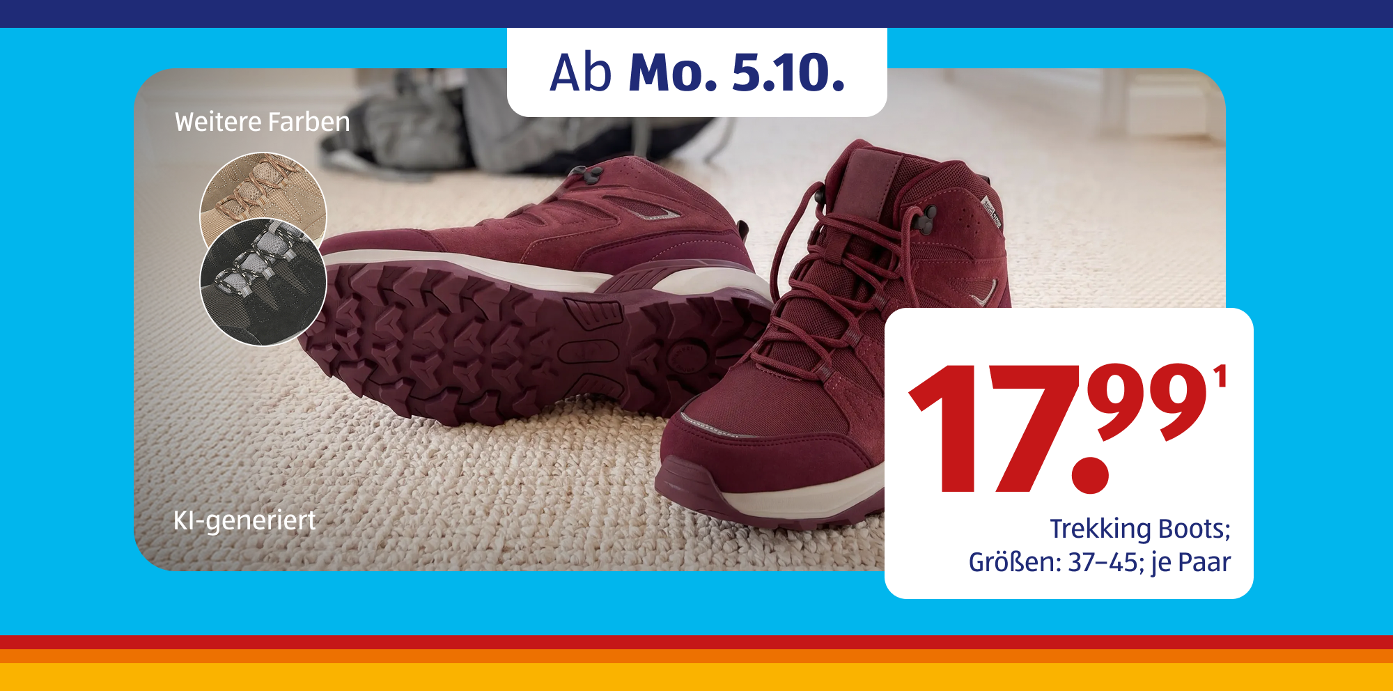 KI-generiert Bordeauxfarbene Trekking-Boots auf einem Teppichboden; daneben sind Preis- und Produktinformationen eingebl