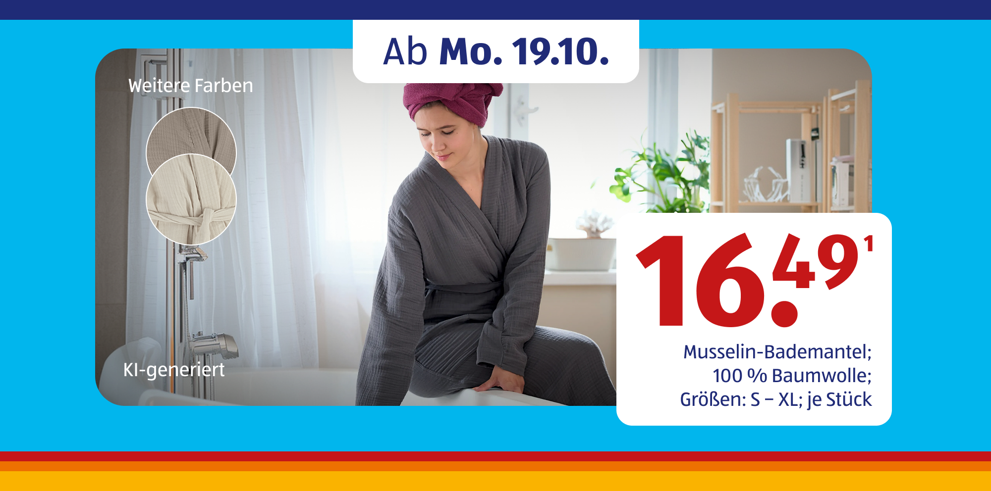 KI-generiert Musselin-Bademantel in Grau für 16,49 Euro vor hellem Wohnraum.